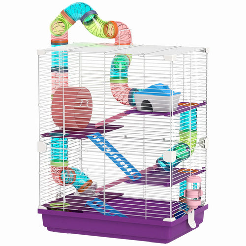 5-Tier Hamster Cage, With Wheels, Tube, Bottle, Dishes, Purple