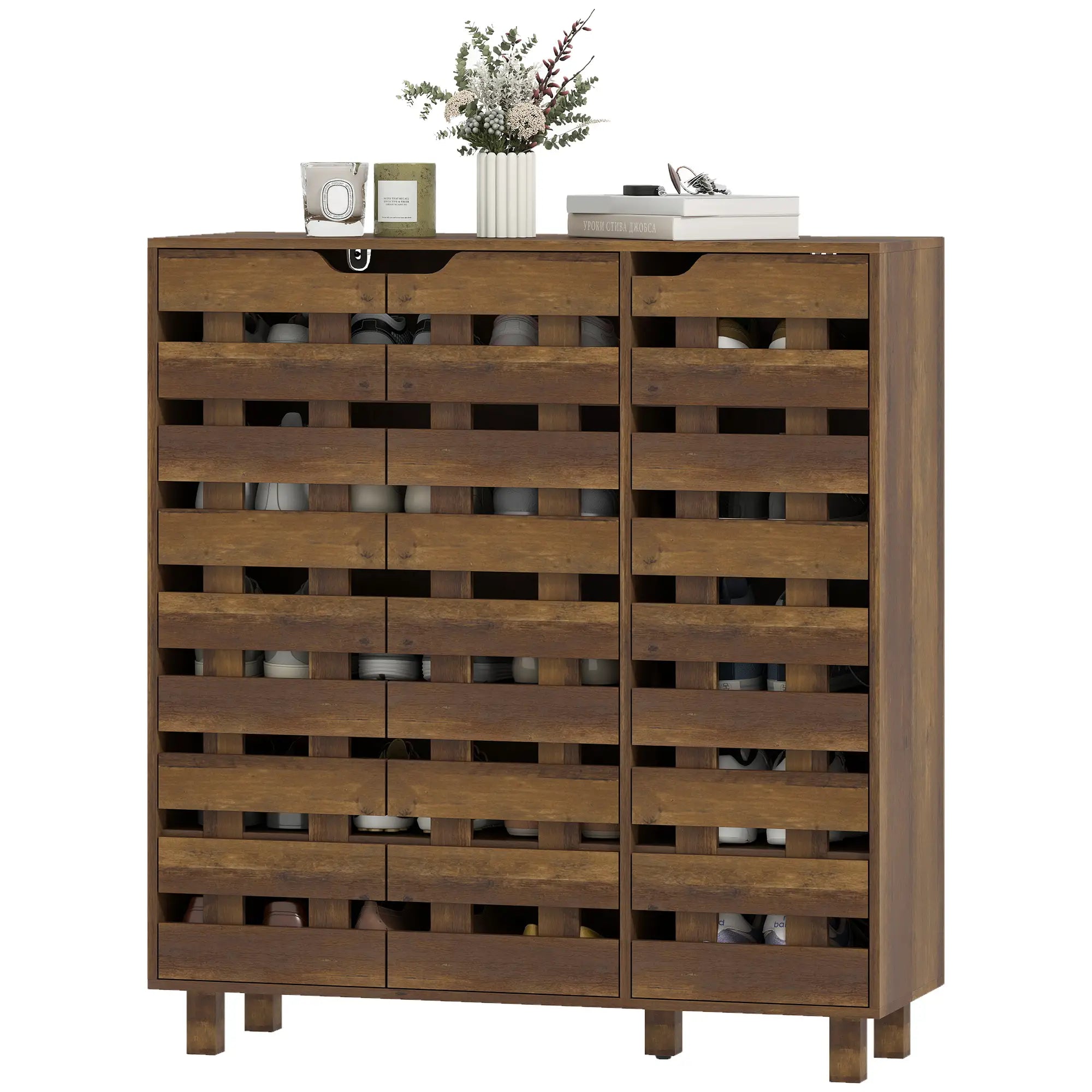 Shoe Cabinet, 21 Pair Storage, Hollowed-Out Doors, Distressed Brown Shoe Storage Cabinets & Racks Distressed Brown at Gallery Canada