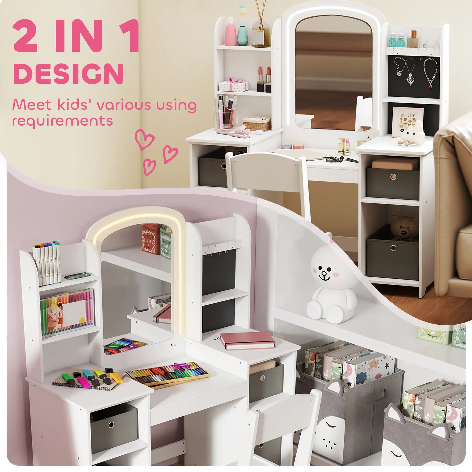 Kids Vanity Table And Chair Set With Lighted Mirror, White Kids Bedroom Furniture at Gallery Canada