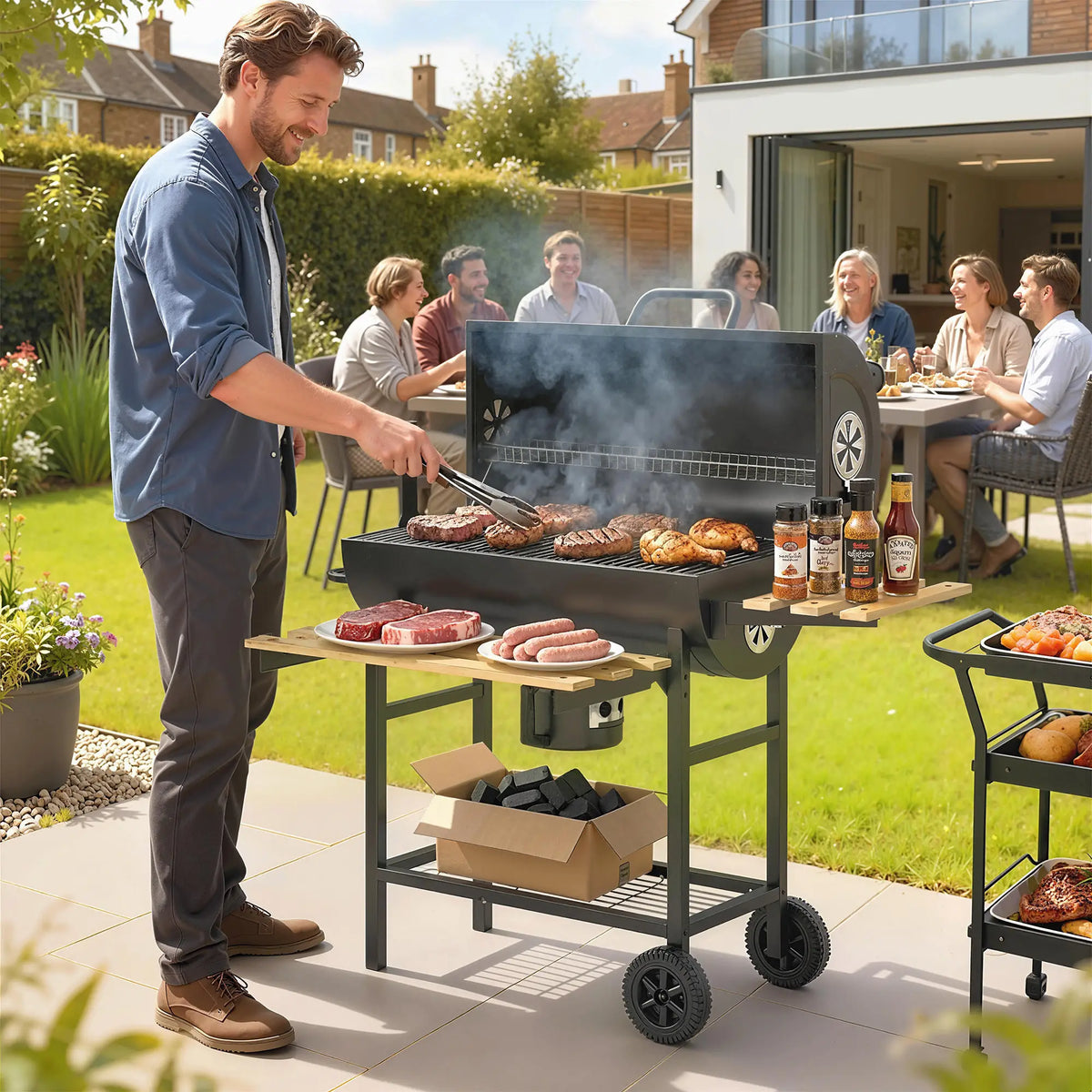 Charcoal BBQ Grill With Foldable Shelves, Warming Rack, Thermometer, Wheels
