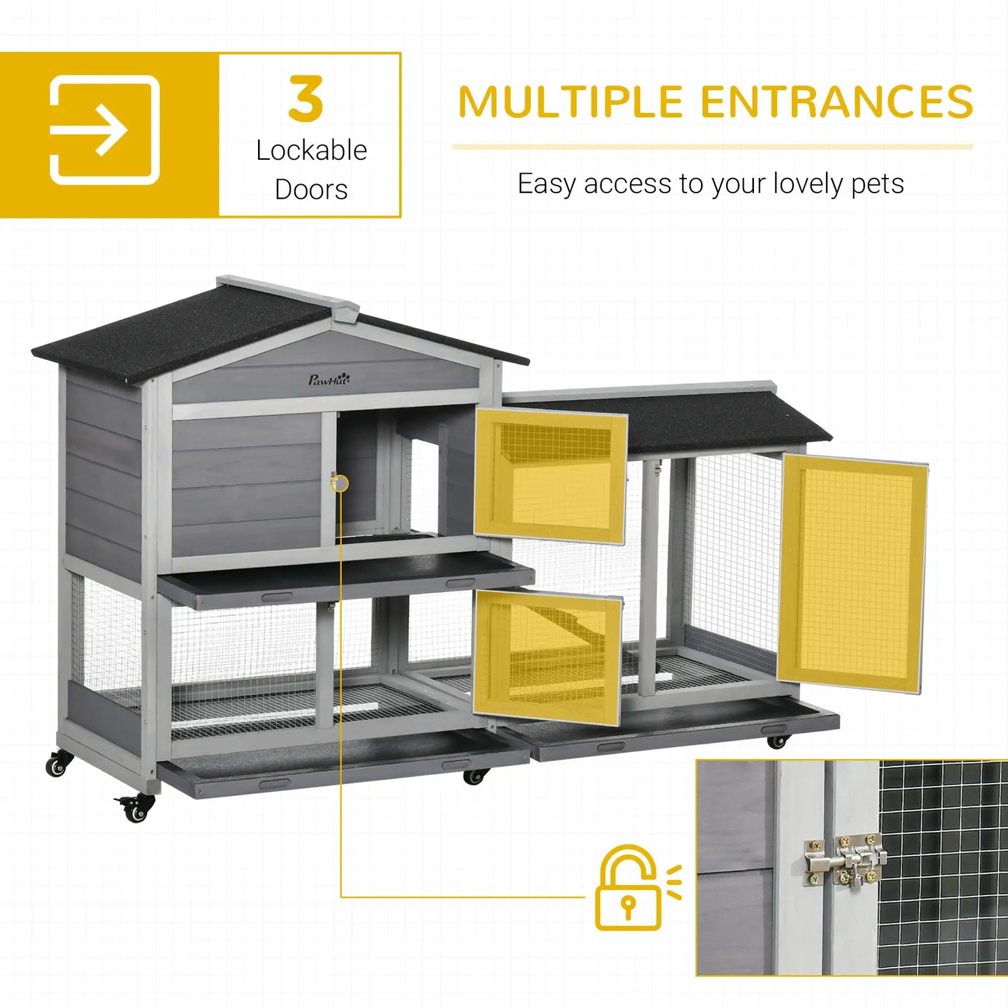 62" Wooden Rabbit Hutch with Wheels, Run Box, Tray, Ramp, Light Grey Rabbit Hutch at Gallery Canada