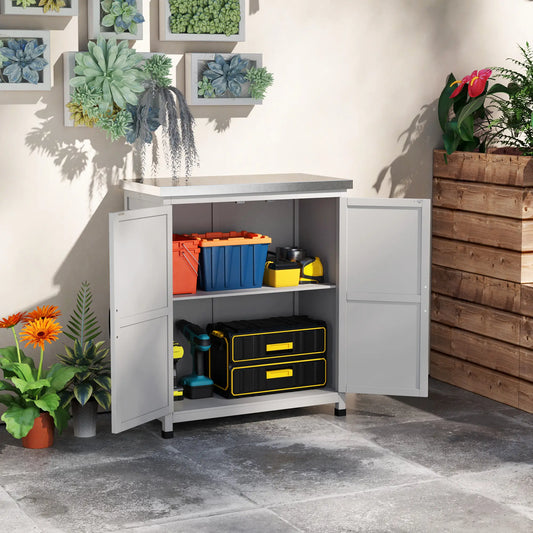 Outdoor Garden Storage Cabinet, Potting Bench with Metal Tabletop, Shelf, Grey Sheds Grey at Gallery Canada
