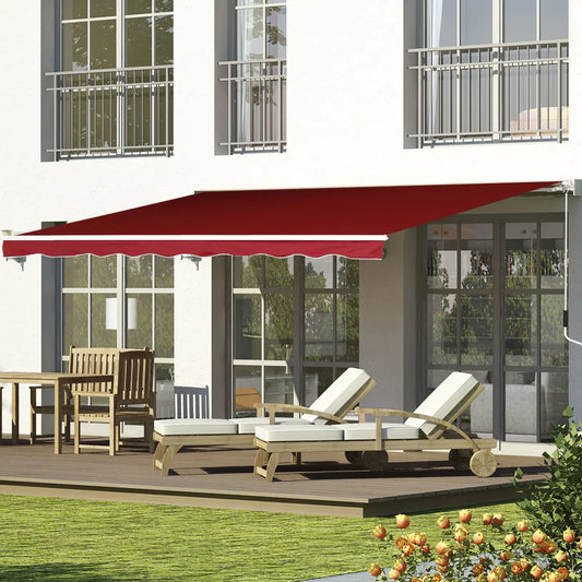 8'x7' Manual Retractable Patio Awning, Sun Shade, Wine Red Deck Awnings White Frame, Wine Red Fabric at Gallery Canada