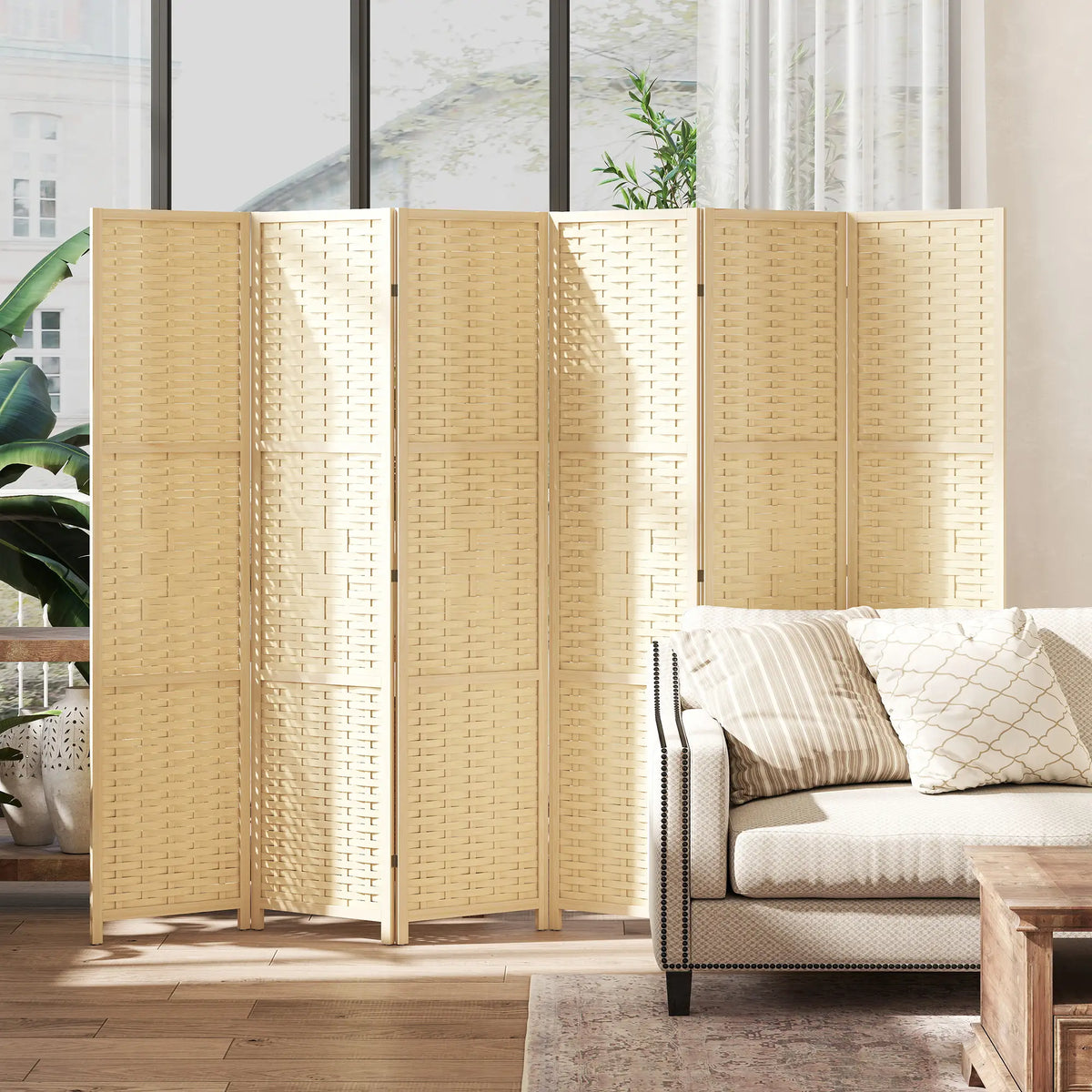 6-Panel Room Divider, 5.6 FT Freestanding Folding Privacy Screen, Natural Wood Room Dividers at Gallery Canada