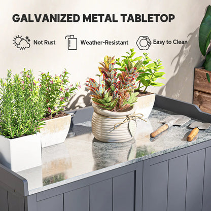 Outdoor Garden Storage Cabinet, Potting Bench with Galvanized Top, Grey Sheds at Gallery Canada