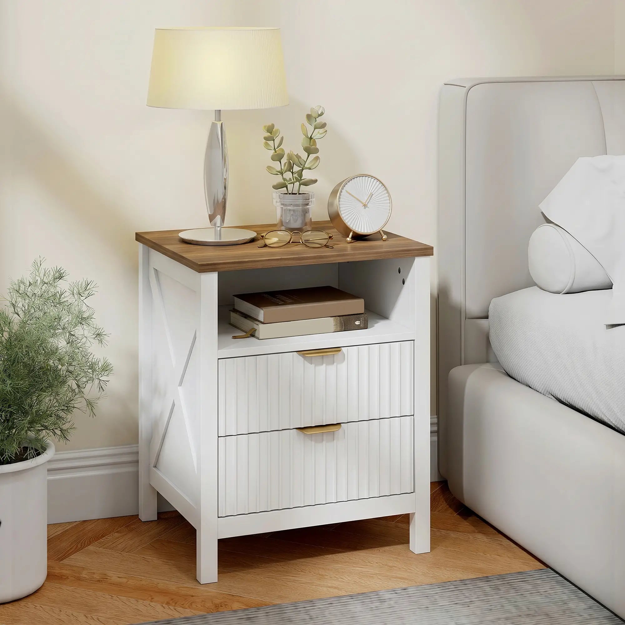 Nightstand With 2 Fluted Drawers, Open Shelf, Anti-Tipping, White Walnut, White Walnut Bedside Tables at Gallery Canada