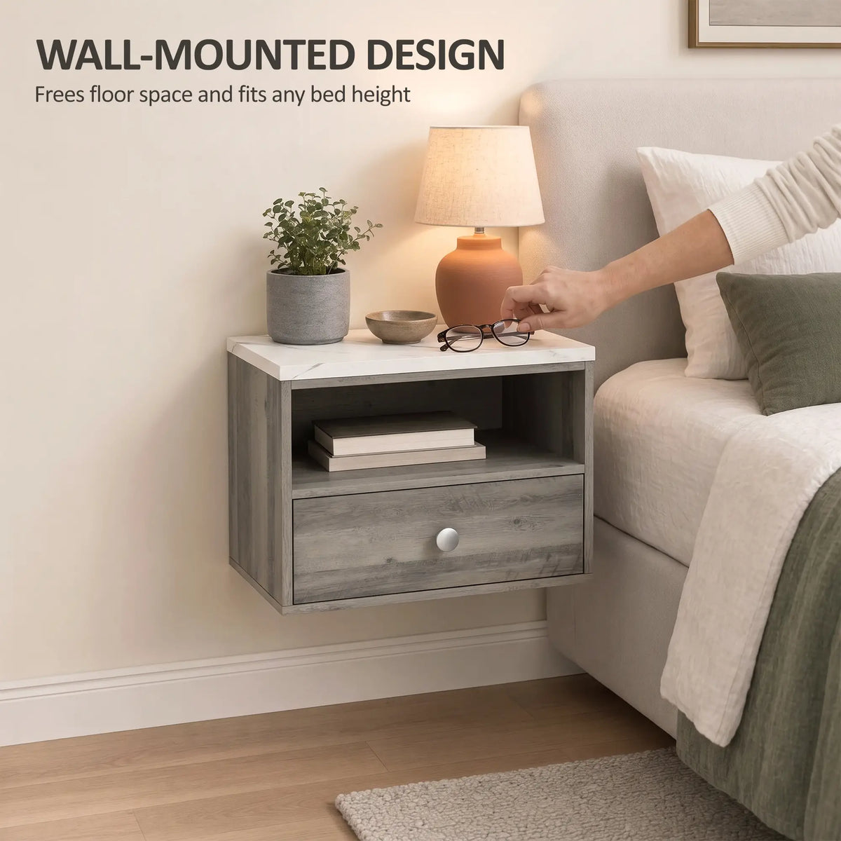 Floating Nightstands Set of 2, Drawer, Marble Top, Natural Bedside Tables at Gallery Canada