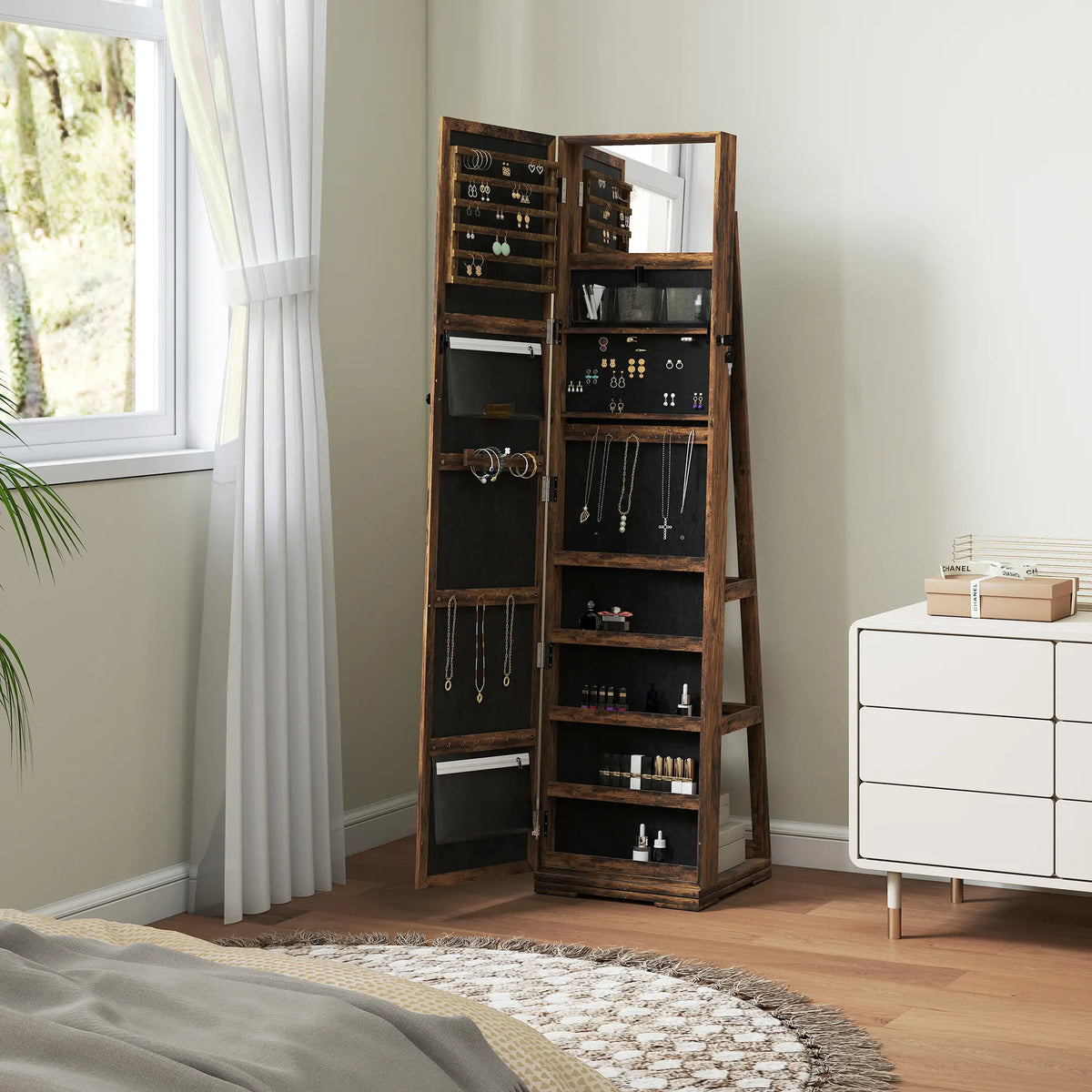 360° Swivel Jewelry Armoire, Lockable Mirror Cabinet, Rustic Brown Jewelry Armoire & Jewellery Mirror Cabinets at Gallery Canada
