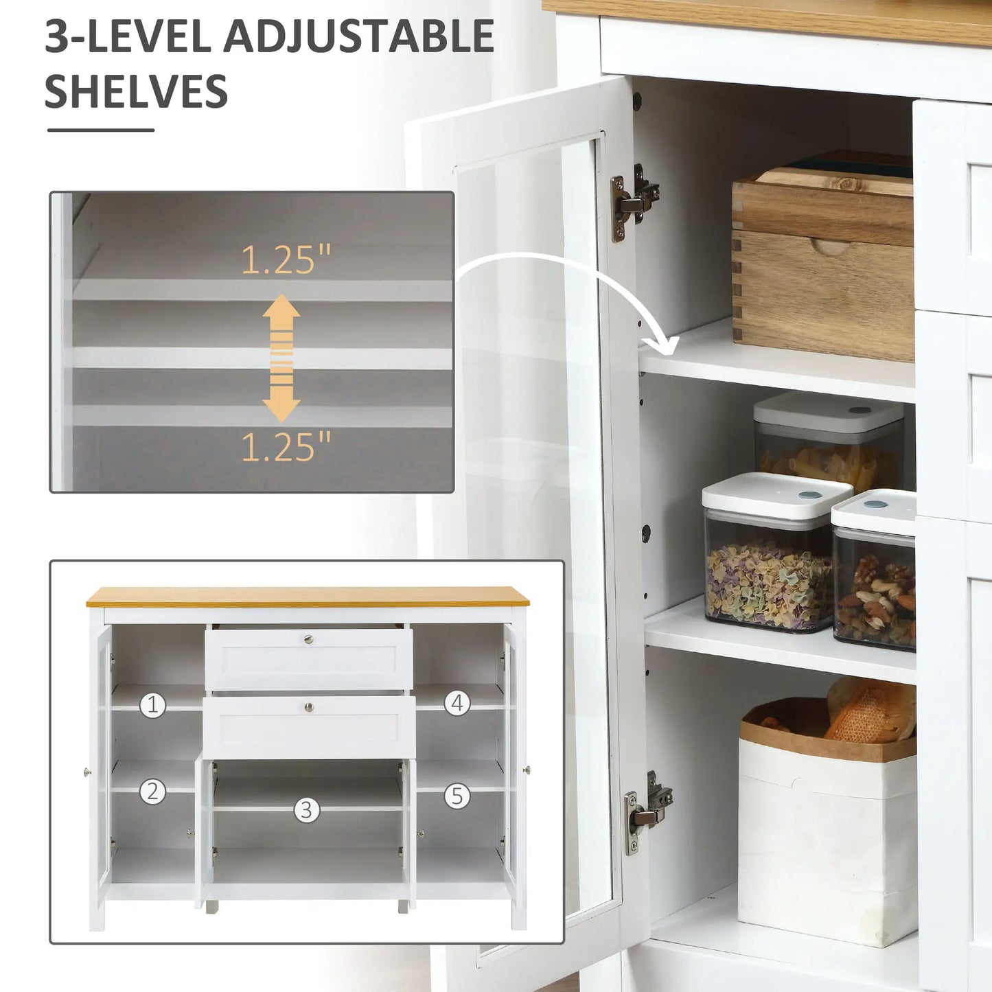 White Buffet Cabinet, 2 Drawers, 3 Cabinets, Glass Doors, Adjustable Shelves, White Bar Cabinets at Gallery Canada