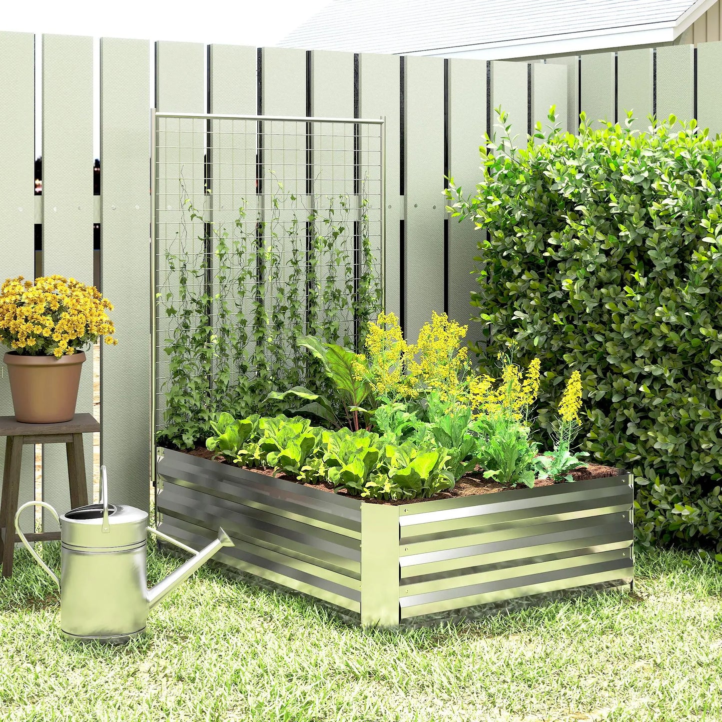 Galvanized Raised Garden Bed With Trellis, Planter Box, Open Bottom, Silver Galvanized Planter Boxes at Gallery Canada