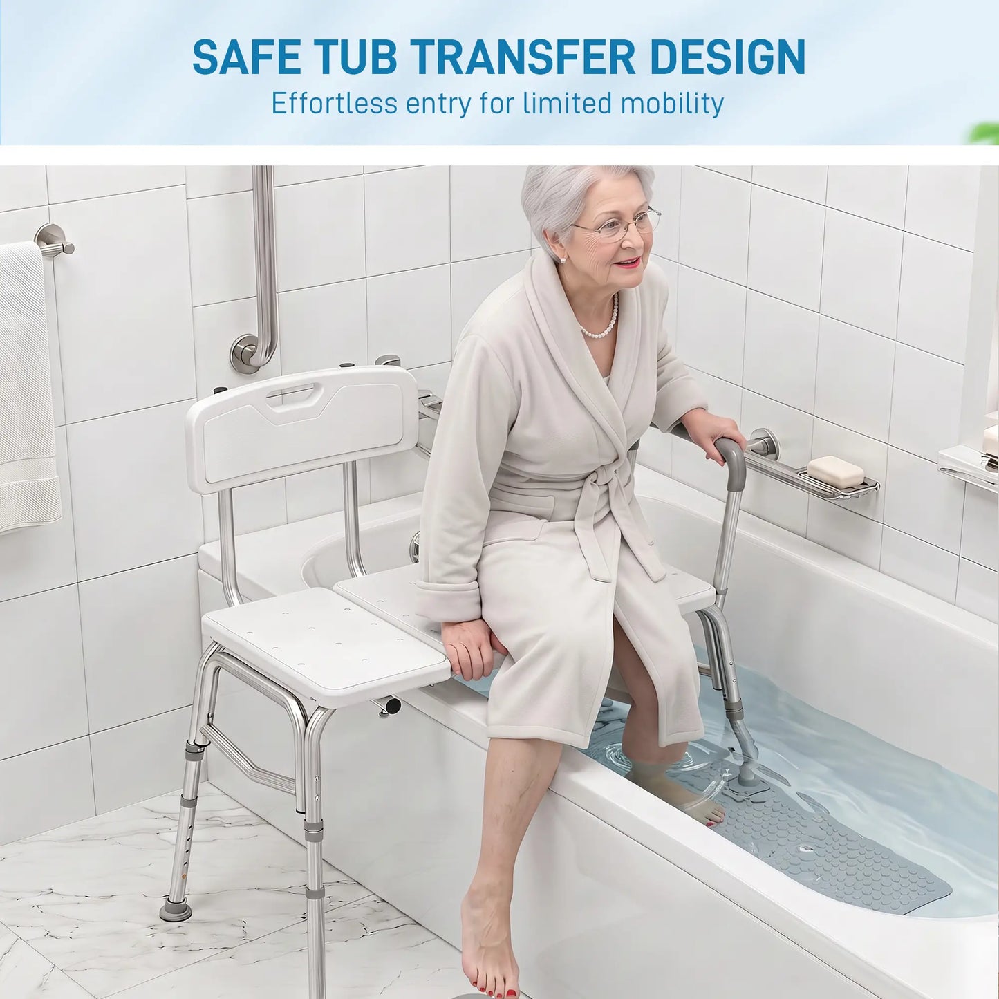 Banc de transfert pour baignoire avec accoudoir, dossier, chaise de douche, blanc