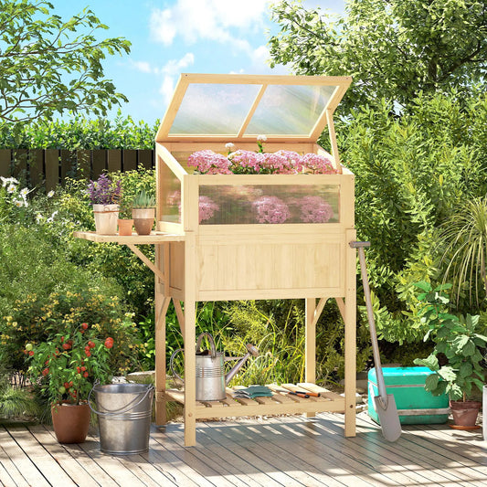 Raised Garden Bed Planter With Cold Frame, Wooden Elevated Planter Box With Folding Side Table And Shelf, Natural Wood Elevated Garden Beds Natural at Gallery Canada