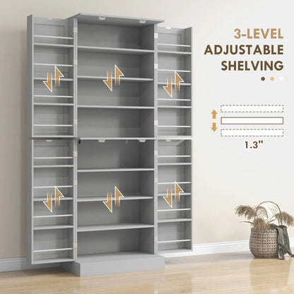 65" Kitchen Pantry Cabinet, 4 Doors, 16 Shelves, Grey Kitchen Pantry Cabinets at Gallery Canada