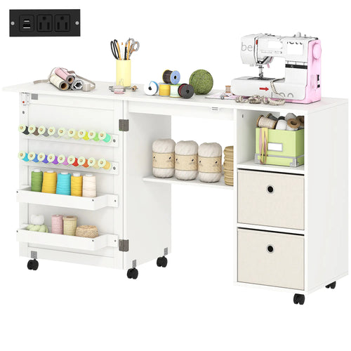Rolling Sewing Machine Table, Folding Craft Table with Drawers, White