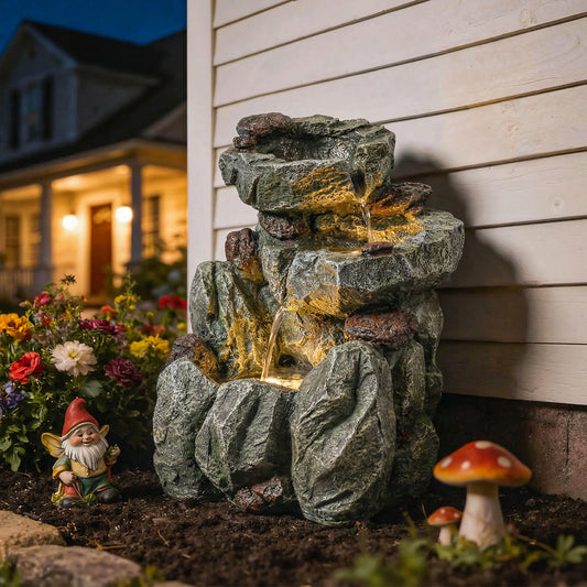 Outdoor Fountain, LED Lights, Adjustable Flow, 3-Tier, Rustic Rock Look, Grey Water Fountains Mixed Colour at Gallery Canada