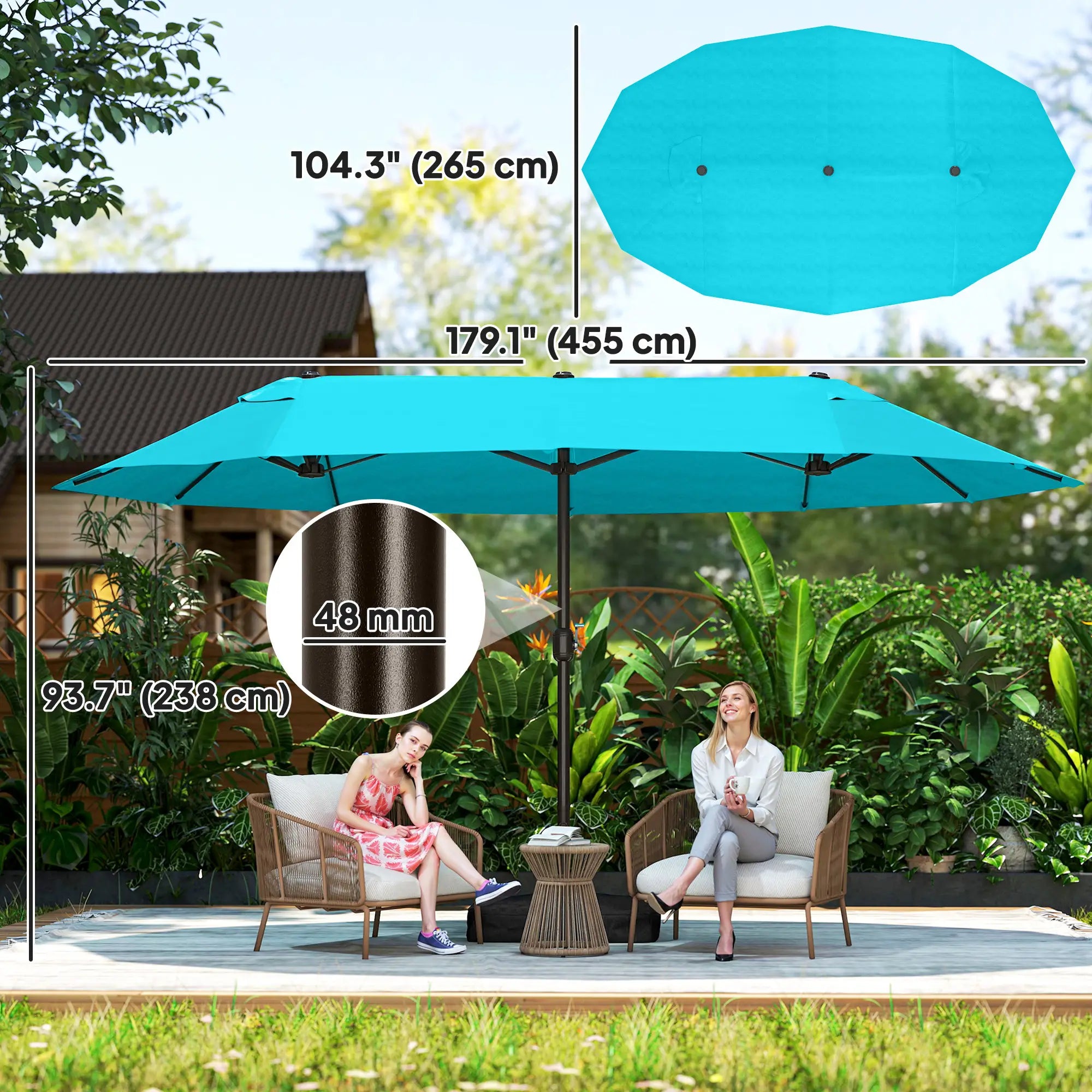 15' Outdoor Patio Umbrella, Twin Canopy Sunshade, Steel Table, Light Blue Double-sided Umbrellas at Gallery Canada
