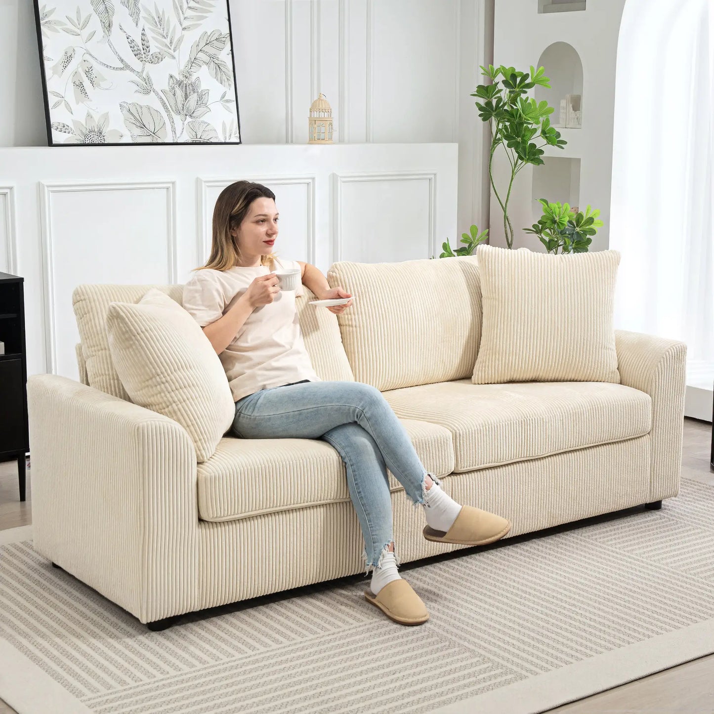 3 Seater Sofa, 83.5" Upholstered Couch, Pocket Spring, Cream White 3-Seater Sofas at Gallery Canada