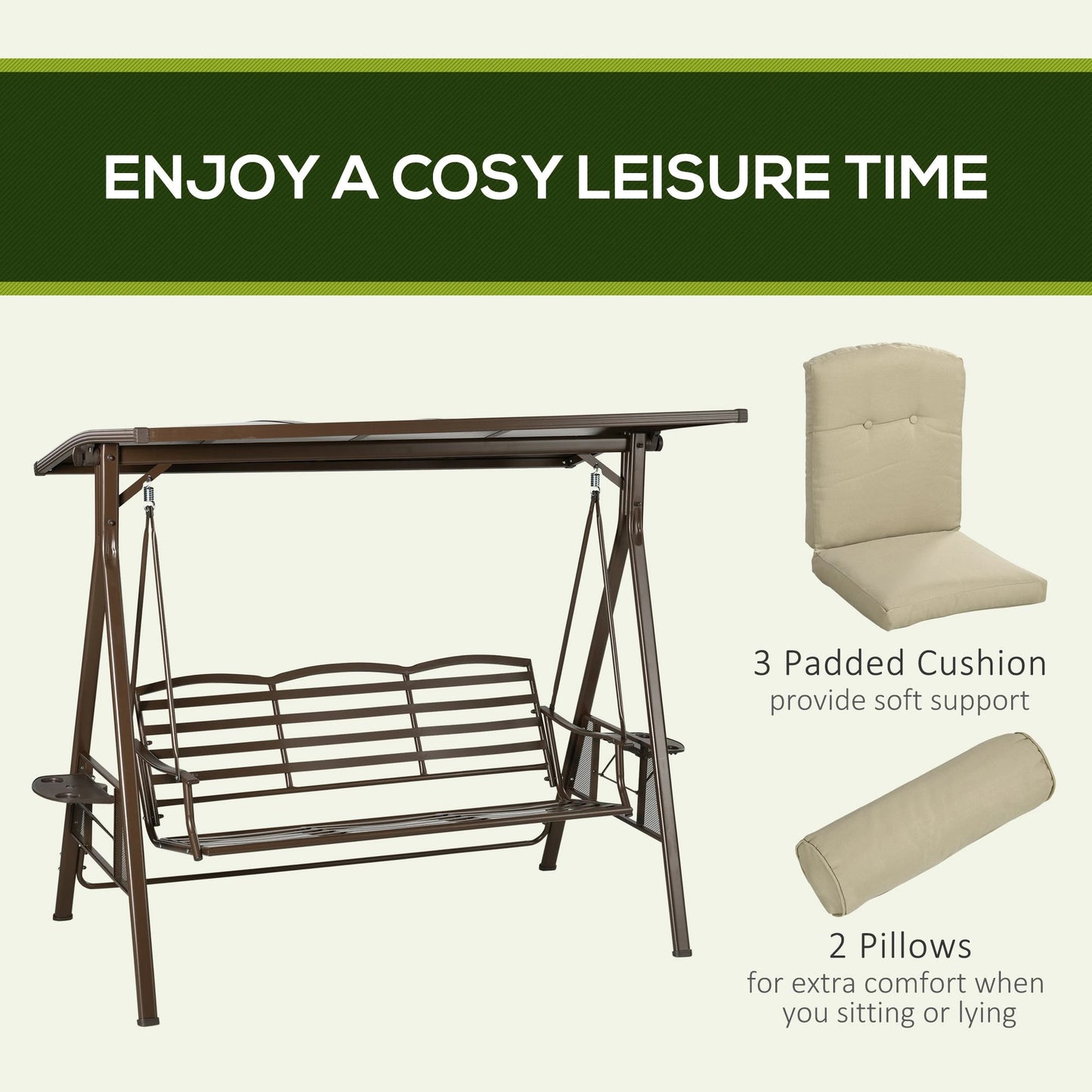 3-Seat Patio Swing Chair, Outdoor Canopy Glider with Cushion, Khaki Porch Swings with Canopy at Gallery Canada