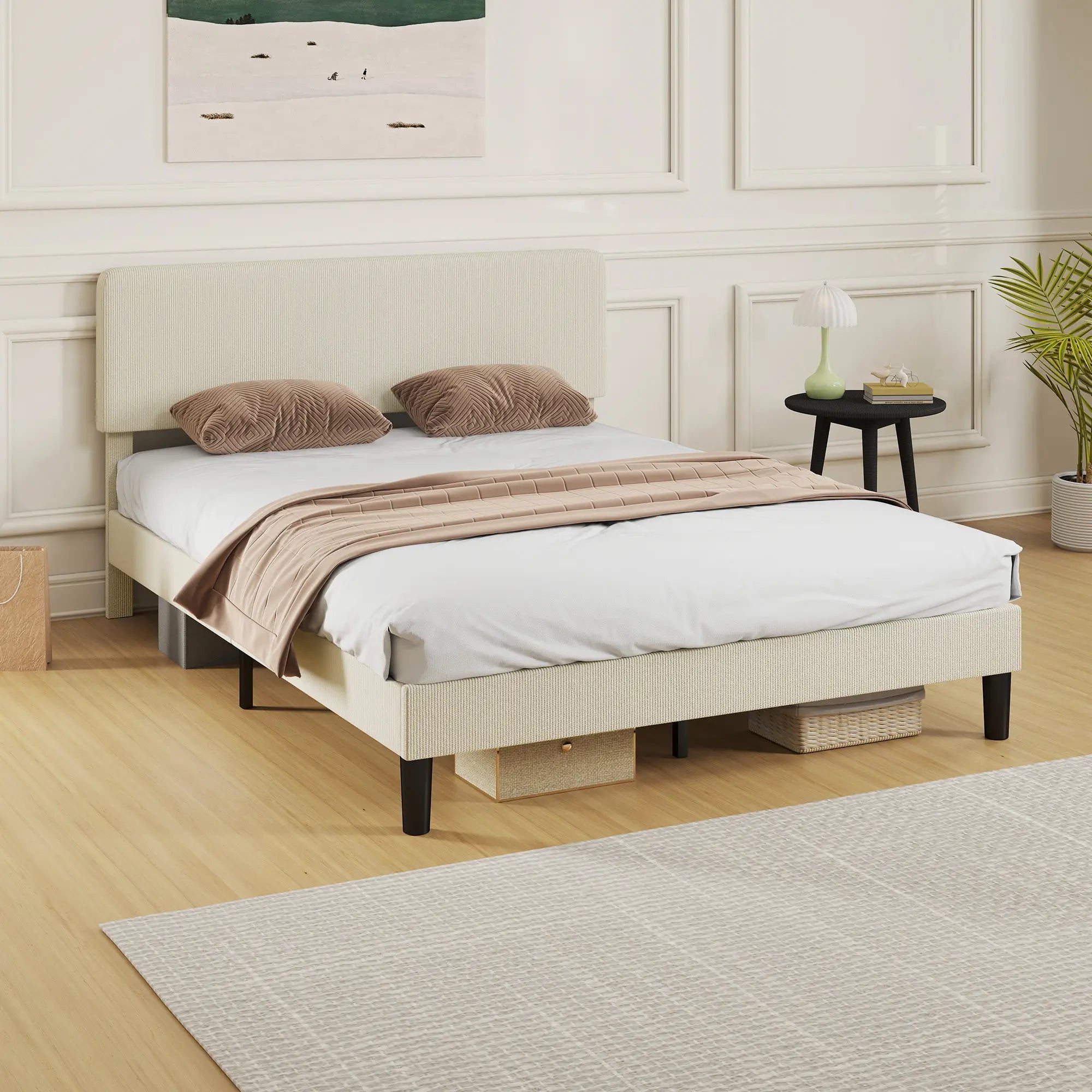 Queen Size Bed Frame, Adjustable Upholstered Headboard, Wood Slat Support, Light Grey Bed Frames at Gallery Canada