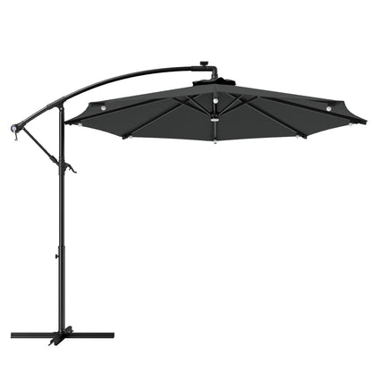 8.8FT Cantilever Patio Umbrella, Solar LED Lights, Crank Handle, Grey Offset Cantilever Umbrellas Grey at Gallery Canada