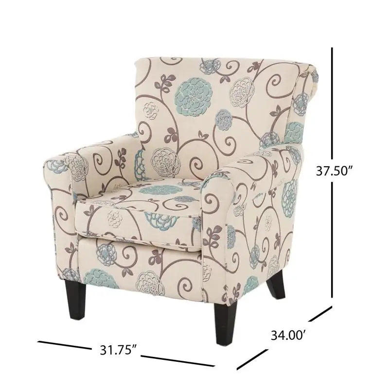 Fabric Club Chair, Birch Wood Legs, 32" L x 34" W x 37.5" H, White+Blue Accent Chairs at Gallery Canada