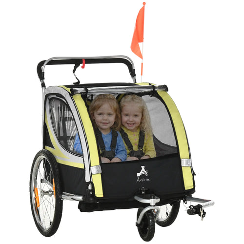 2 Seat Bike Trailer, Kids Jogging Stroller, Handbrake, Yellow