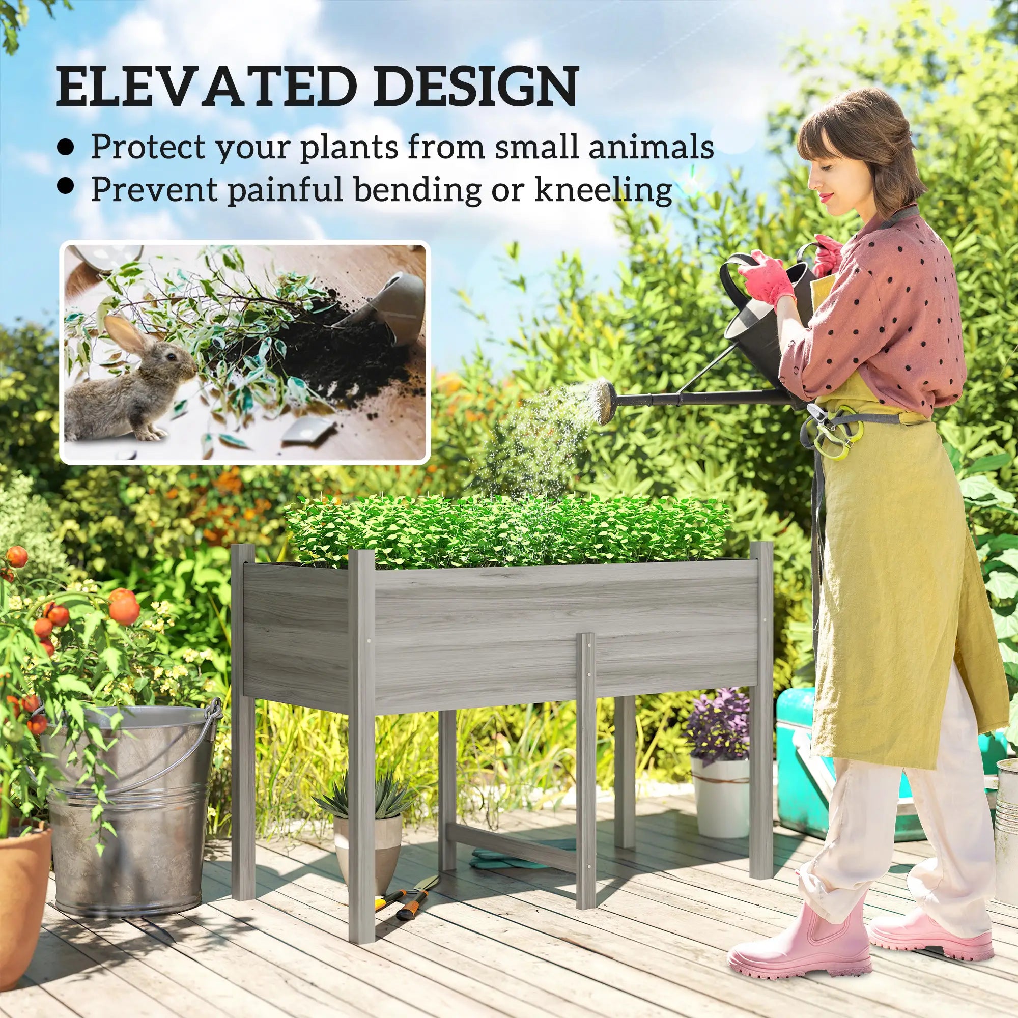 Wooden Raised Planter Box, Drain Holes, 45.3x21.7x31.5inch, Grey Raised Garden Beds at Gallery Canada