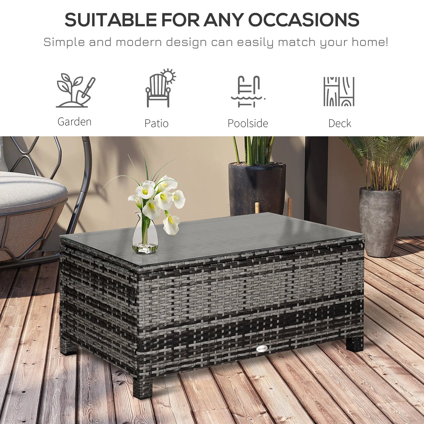 Outdoor PE Rattan Wicker Table, Glass Top, 24in, Mixed Grey Coffee Tables at Gallery Canada