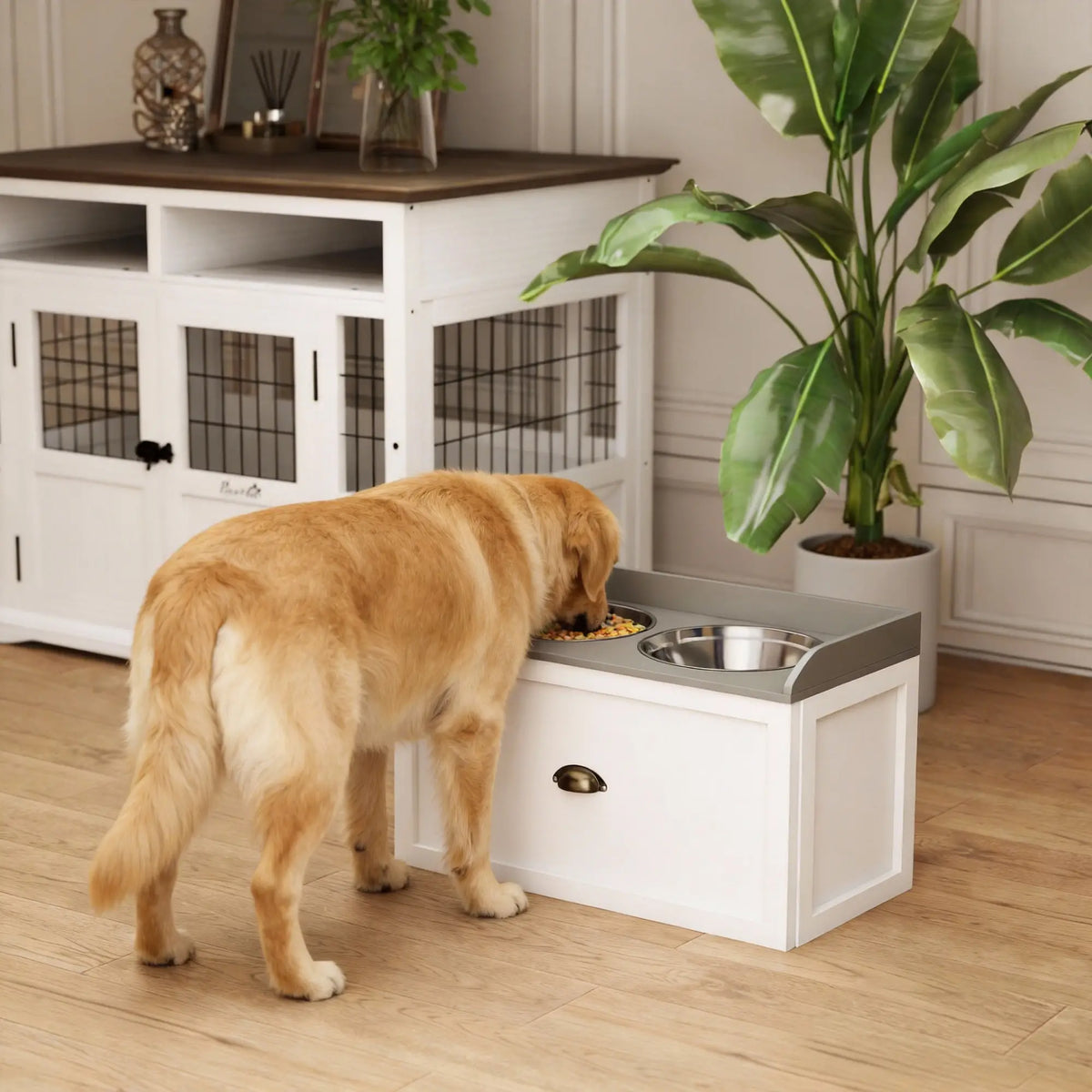 Raised Dog Bowls Feeding Station, 2 Stainless Steel Bowls, 23.6"x11.8"x14.2", White Dog Bowls at Gallery Canada