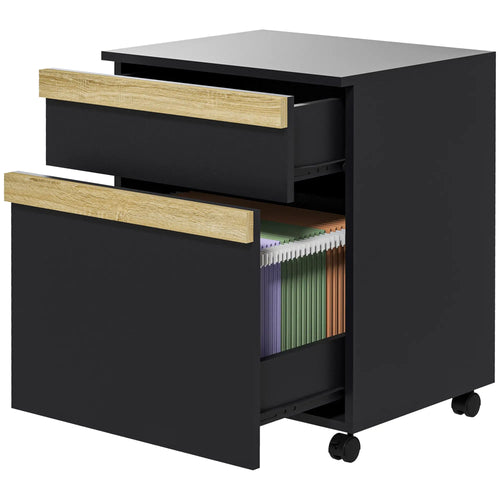 Mobile Filing Cabinet, 2 Drawers, 5 Wheels, Wood Grain, Black