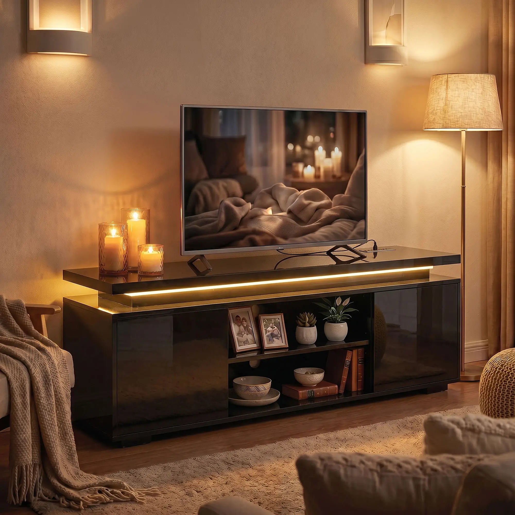 TV Stand For TVs Up To 60 Inch, Modern Entertainment Center With LED Lights, LED Lights TV Stands at Gallery Canada