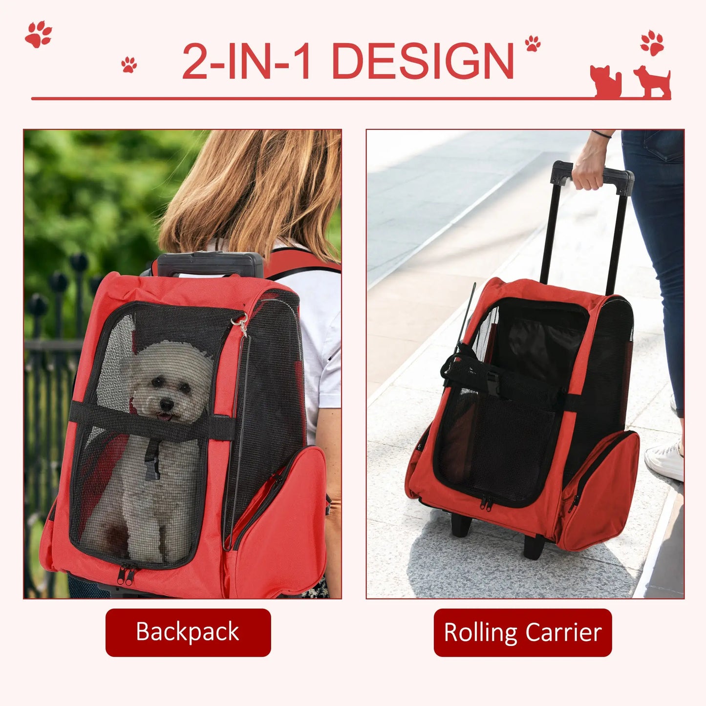 2-in-1 Pet Luggage Box Backpack Carrier, Rolling Wheel, Red Dog Bike Trailers & Strollers at Gallery Canada