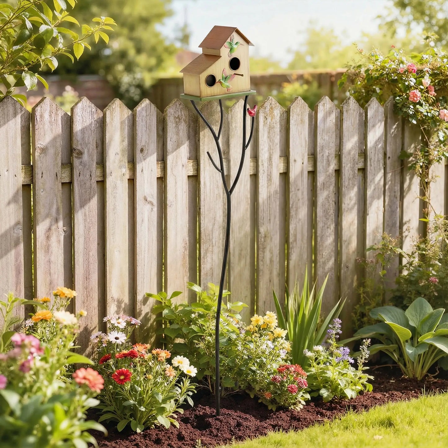 57" Outdoor Bird House With Pole, Double-Hole Metal Birdhouse, Yellow Birds at Gallery Canada
