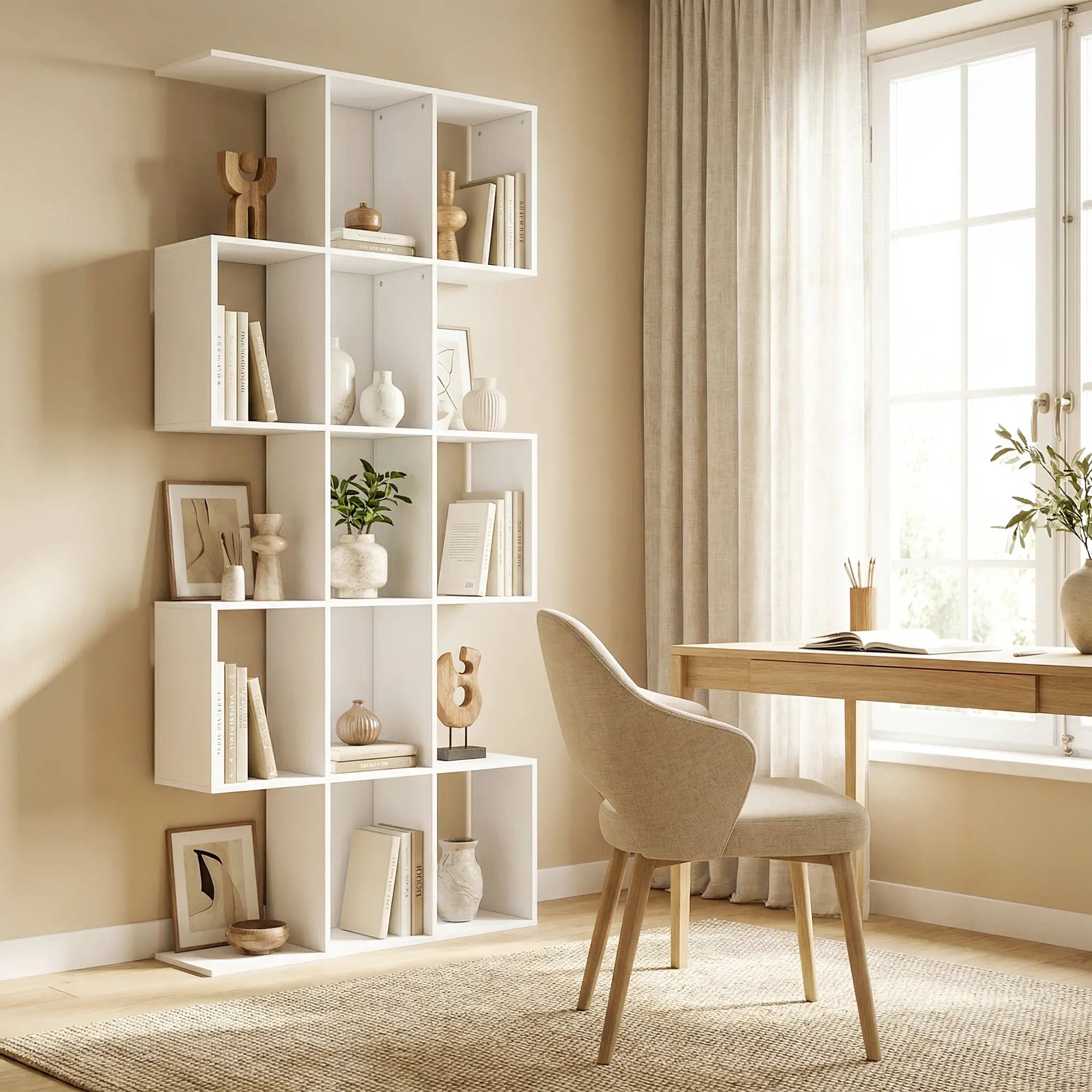 5-Tier Bookshelf, S Shaped Geometric Bookcase, White Wood Grain, White Display Bookshelves at Gallery Canada