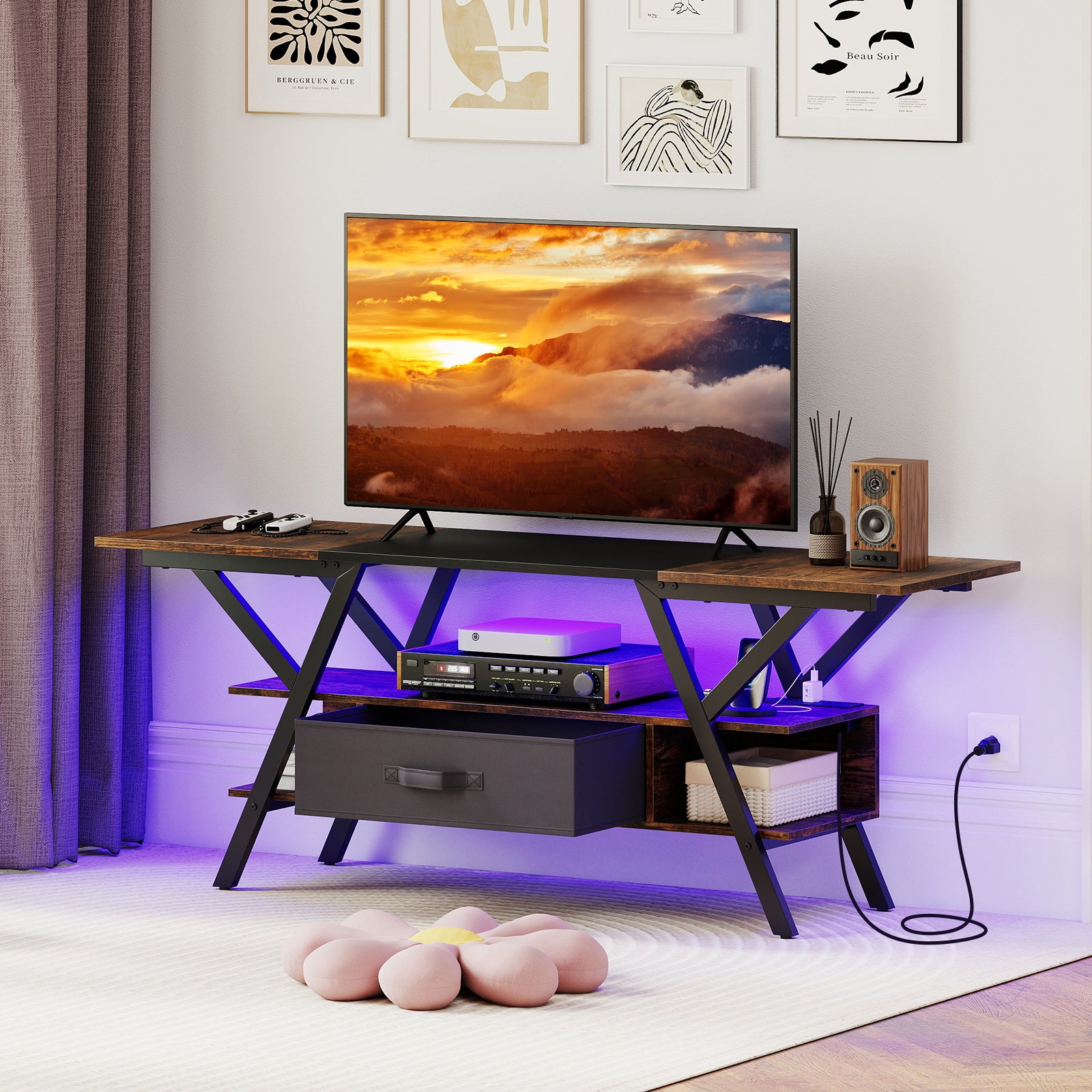 TV Stand For 65 Inch TVs, With Power Outlets And LED Lights, Rustic Brown Entertainment Centers & TV Stands at Gallery Canada
