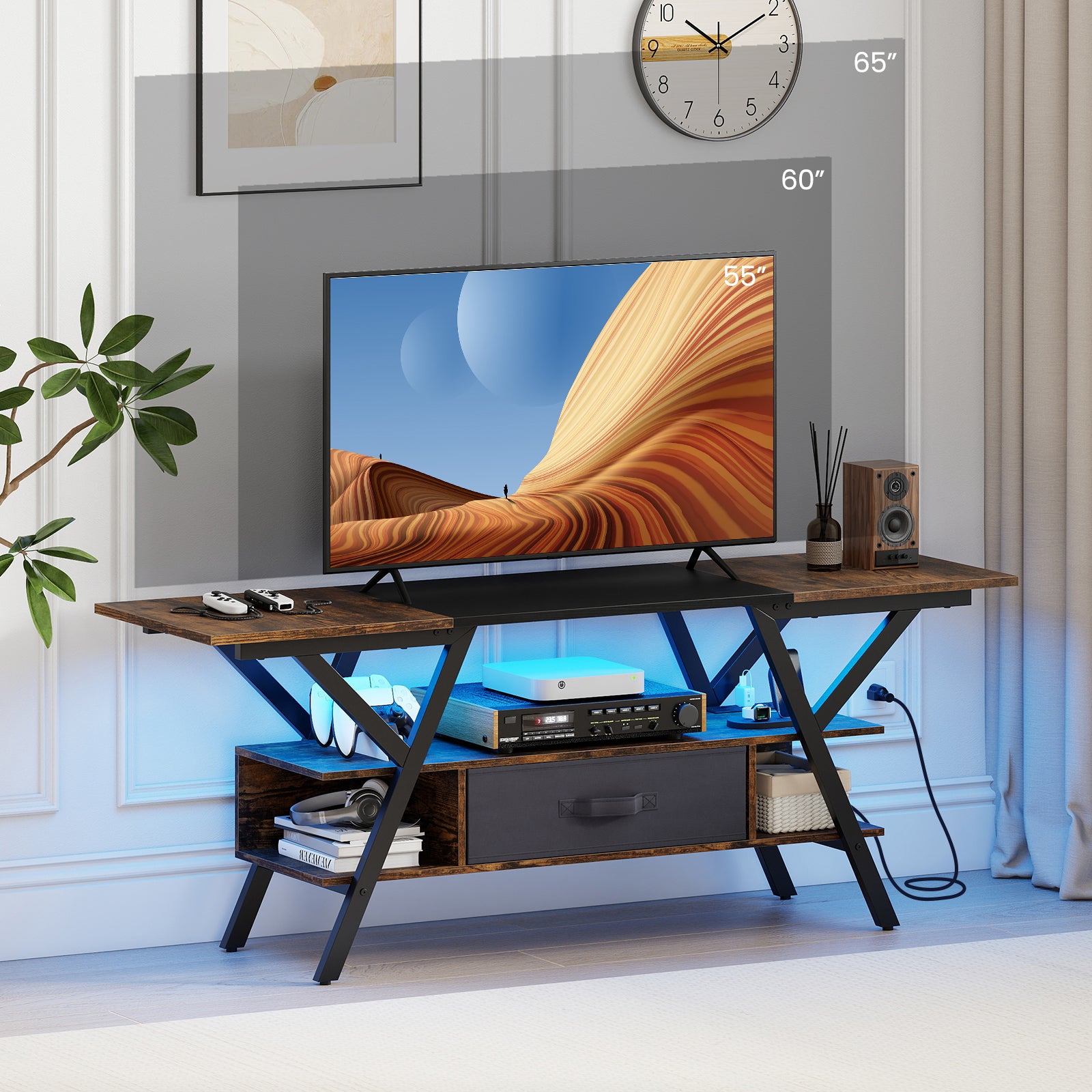 TV Stand For 65 Inch TVs, With Power Outlets And LED Lights, Rustic Brown Entertainment Centers & TV Stands at Gallery Canada
