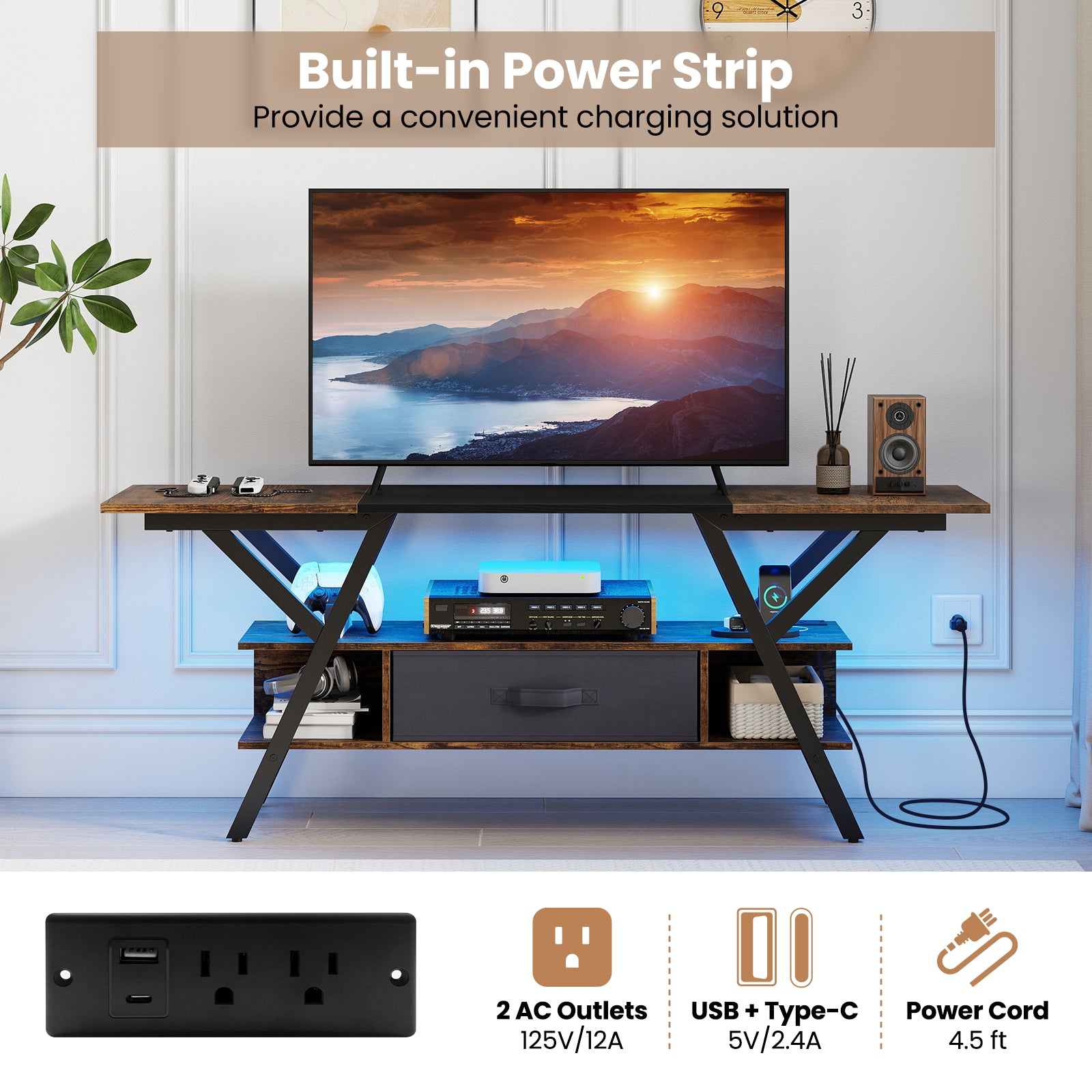 TV Stand For 65 Inch TVs, With Power Outlets And LED Lights, Rustic Brown Entertainment Centers & TV Stands at Gallery Canada