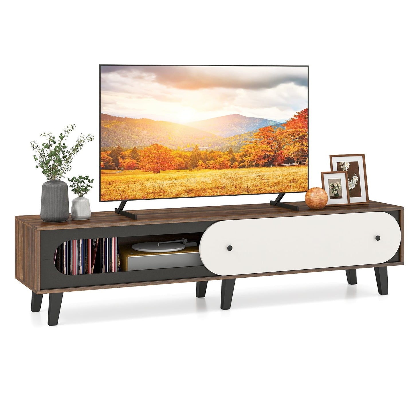 TV Stand for 80 Inch TVs Mid Century Modern Entertainment Center with Sliding Door Cabinet, Walnut Entertainment Centers & TV Stands at Gallery Canada