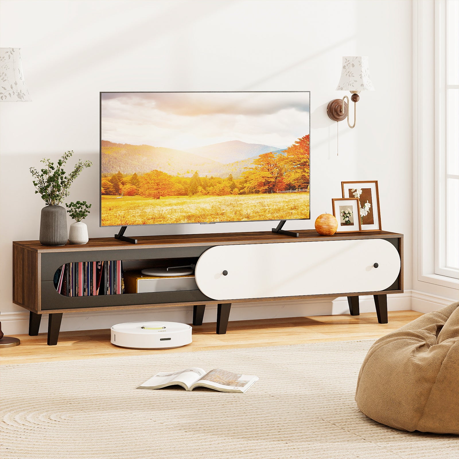 TV Stand for 80 Inch TVs Mid Century Modern Entertainment Center with Sliding Door Cabinet, Walnut Entertainment Centers & TV Stands at Gallery Canada