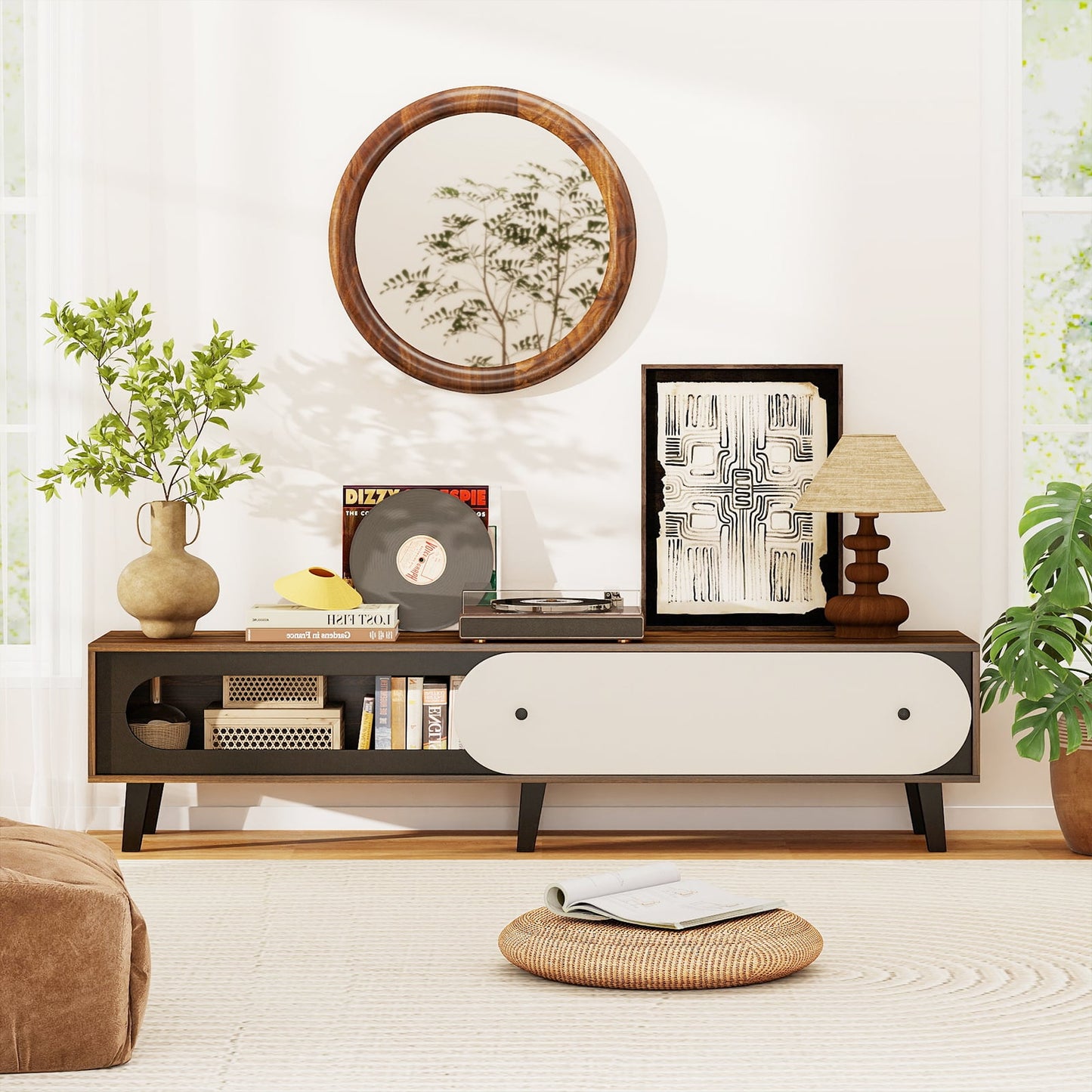 TV Stand for 80 Inch TVs Mid Century Modern Entertainment Center with Sliding Door Cabinet, Walnut Entertainment Centers & TV Stands at Gallery Canada