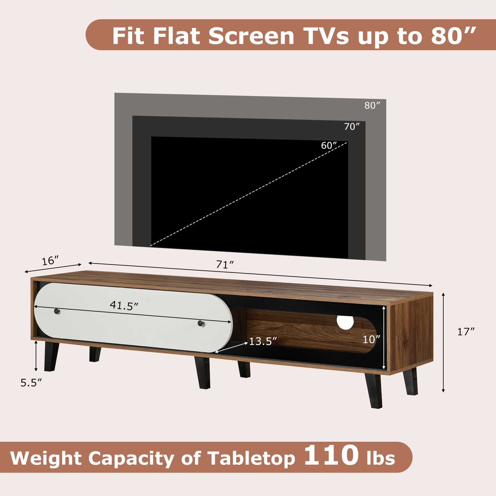 TV Stand for 80 Inch TVs Mid Century Modern Entertainment Center with Sliding Door Cabinet, Walnut Entertainment Centers & TV Stands at Gallery Canada