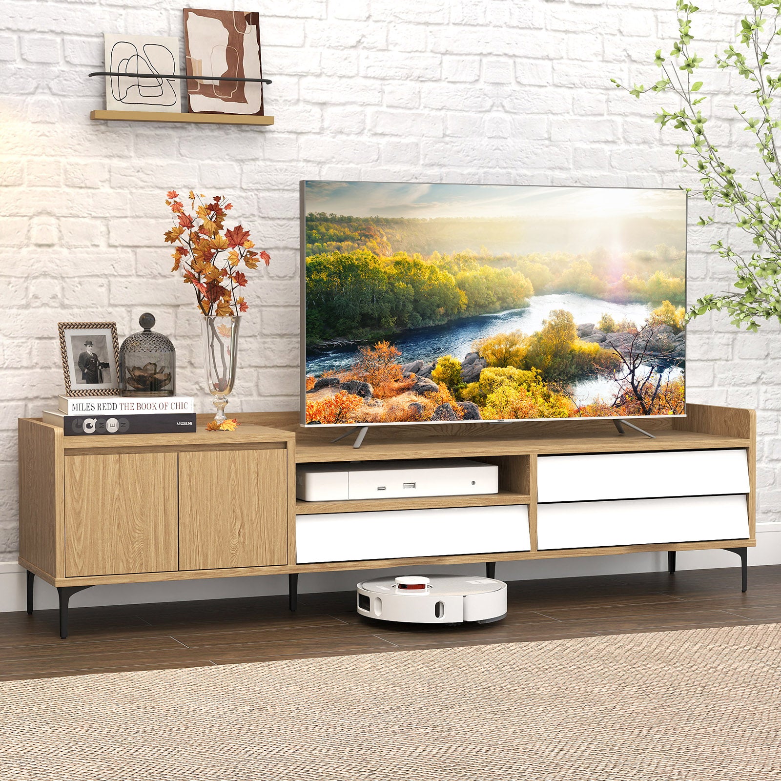 TV Stand for TVs up to 80 Inch Mid Century Modern Entertainment Center with Storage Cabinet, Natural Entertainment Centers & TV Stands at Gallery Canada