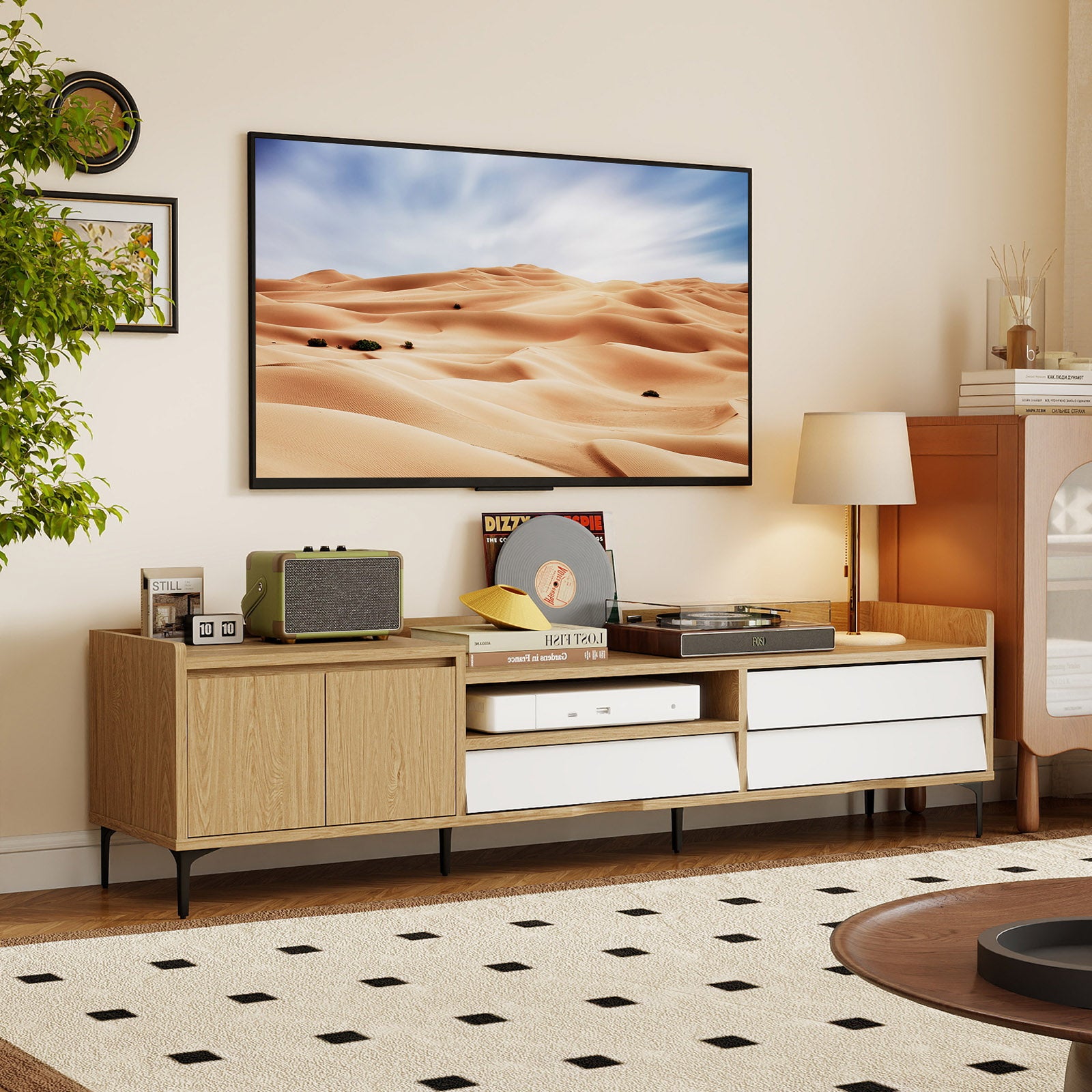 TV Stand for TVs up to 80 Inch Mid Century Modern Entertainment Center with Storage Cabinet, Natural Entertainment Centers & TV Stands at Gallery Canada