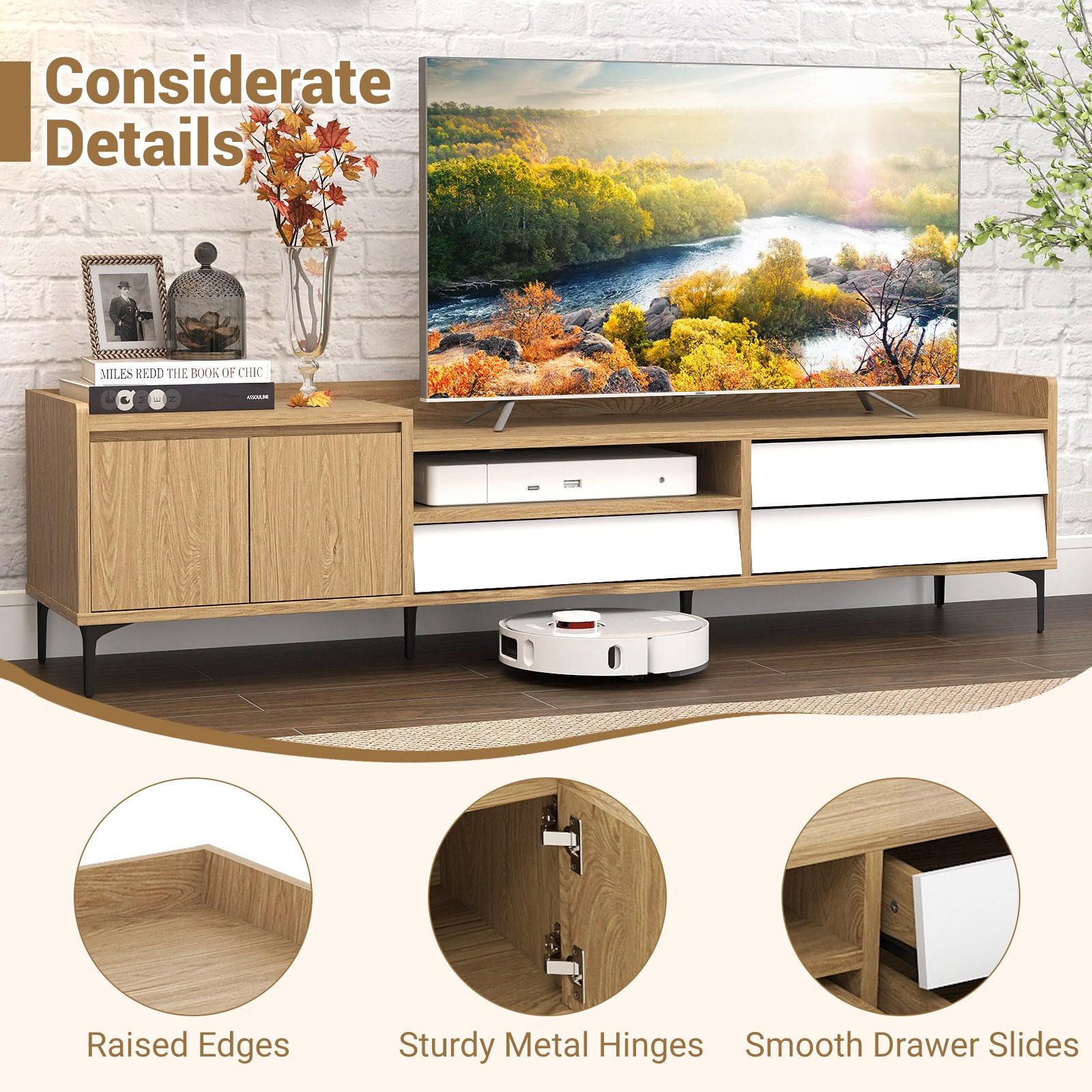 TV Stand for TVs up to 80 Inch Mid Century Modern Entertainment Center with Storage Cabinet, Natural Entertainment Centers & TV Stands at Gallery Canada
