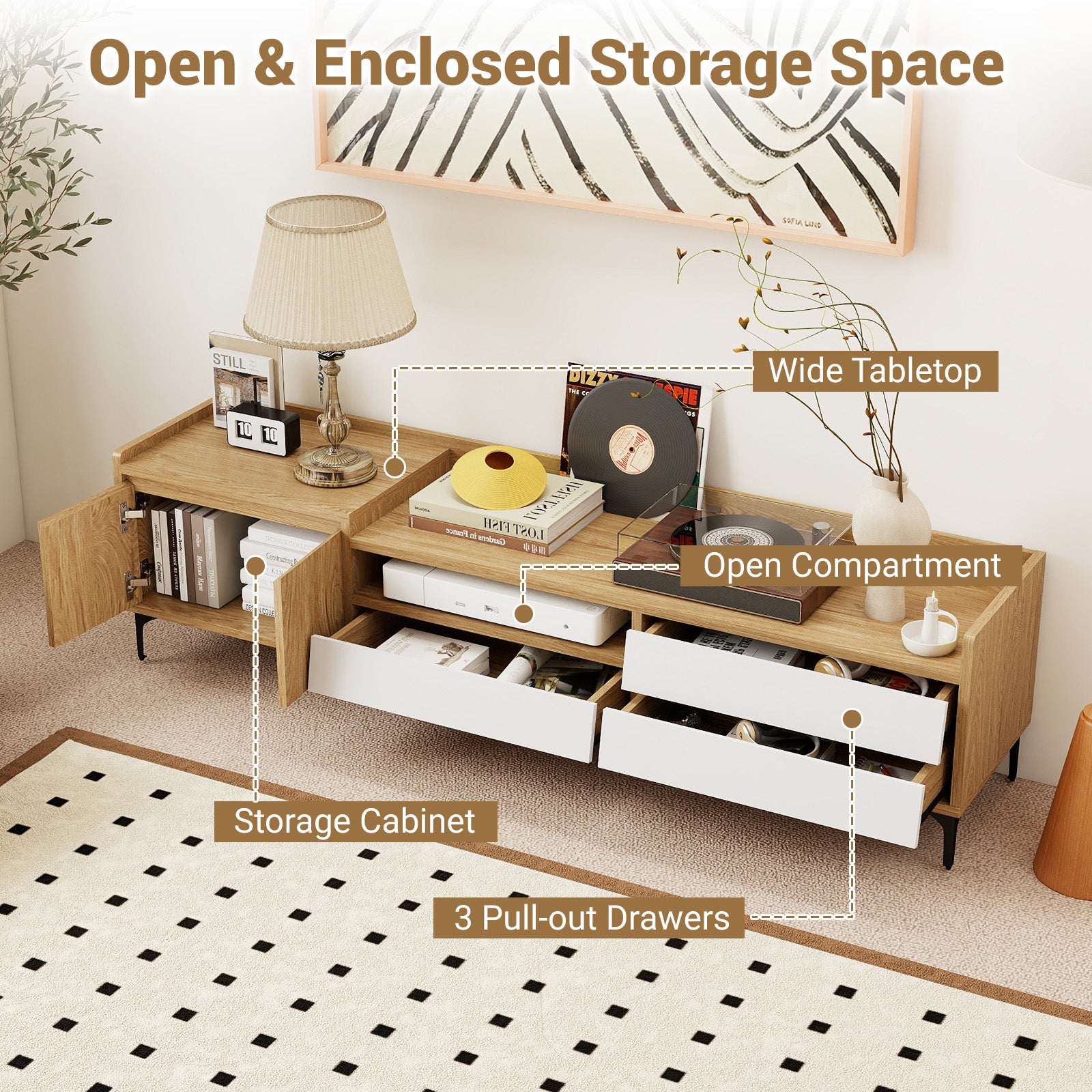 TV Stand for TVs up to 80 Inch Mid Century Modern Entertainment Center with Storage Cabinet, Natural Entertainment Centers & TV Stands at Gallery Canada