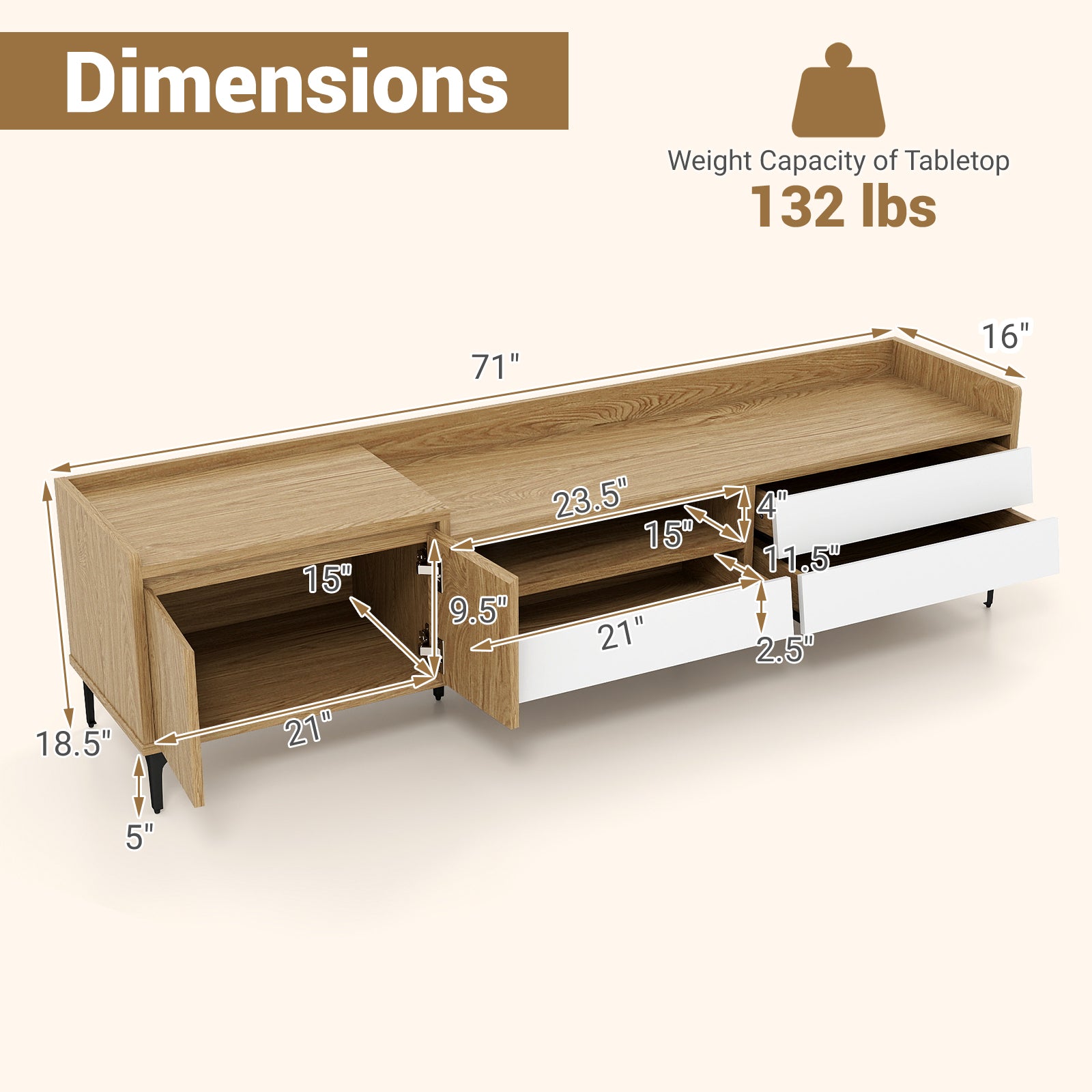 TV Stand for TVs up to 80 Inch Mid Century Modern Entertainment Center with Storage Cabinet, Natural Entertainment Centers & TV Stands at Gallery Canada