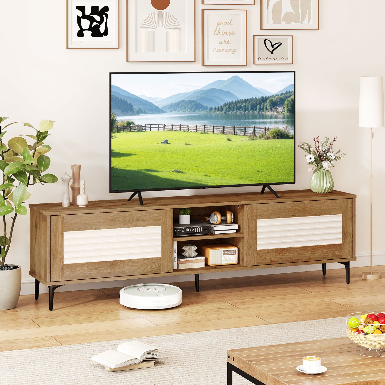 TV Stand for TVs up to 70 Inch Waveform Fluted Entertainment Center, Oak Entertainment Centers & TV Stands at Gallery Canada