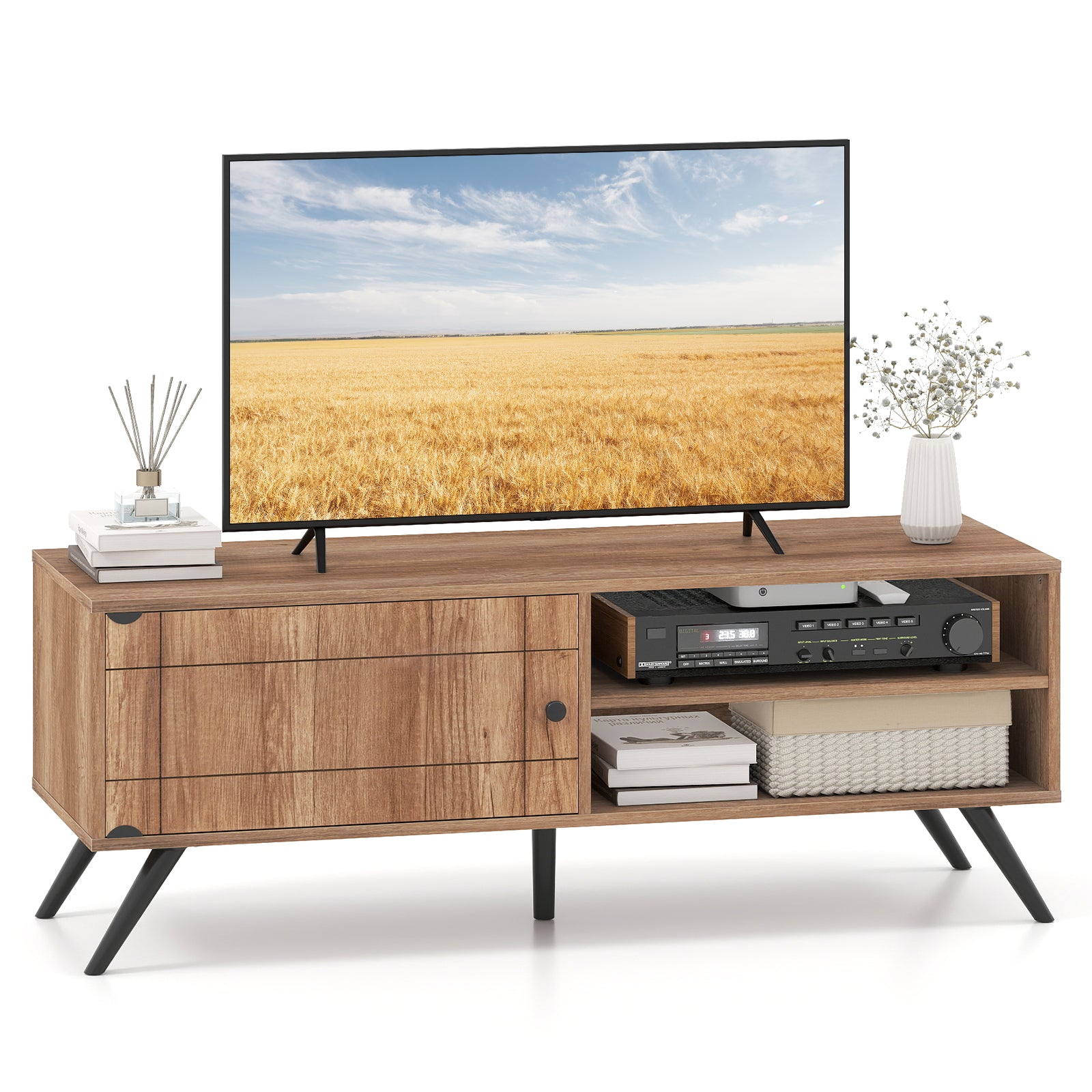 TV Stand for TVs up to 55 Inch Mid Century Modern Entertainment Center with Storage Cabinet, Oak Entertainment Centers & TV Stands Oak at Gallery Canada