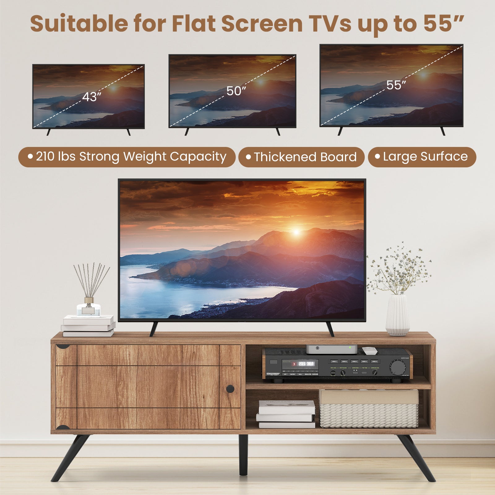 TV Stand for TVs up to 55 Inch Mid Century Modern Entertainment Center with Storage Cabinet, Oak Entertainment Centers & TV Stands at Gallery Canada