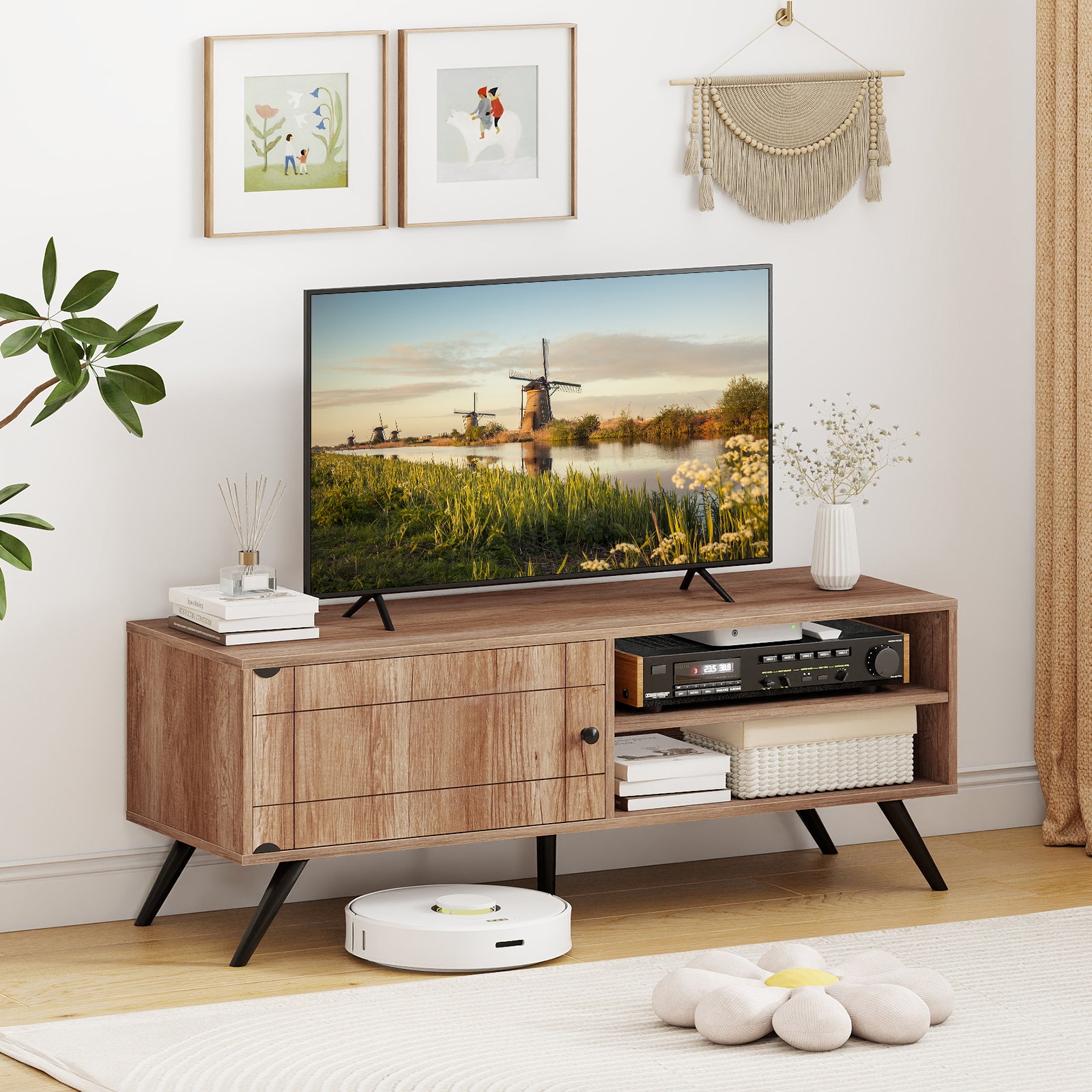 TV Stand for TVs up to 55 Inch Mid Century Modern Entertainment Center with Storage Cabinet, Oak Entertainment Centers & TV Stands at Gallery Canada